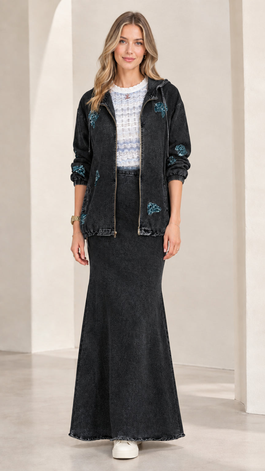 Front view of model wearing Washed Black hooded denim jacket and maxi skirt set
