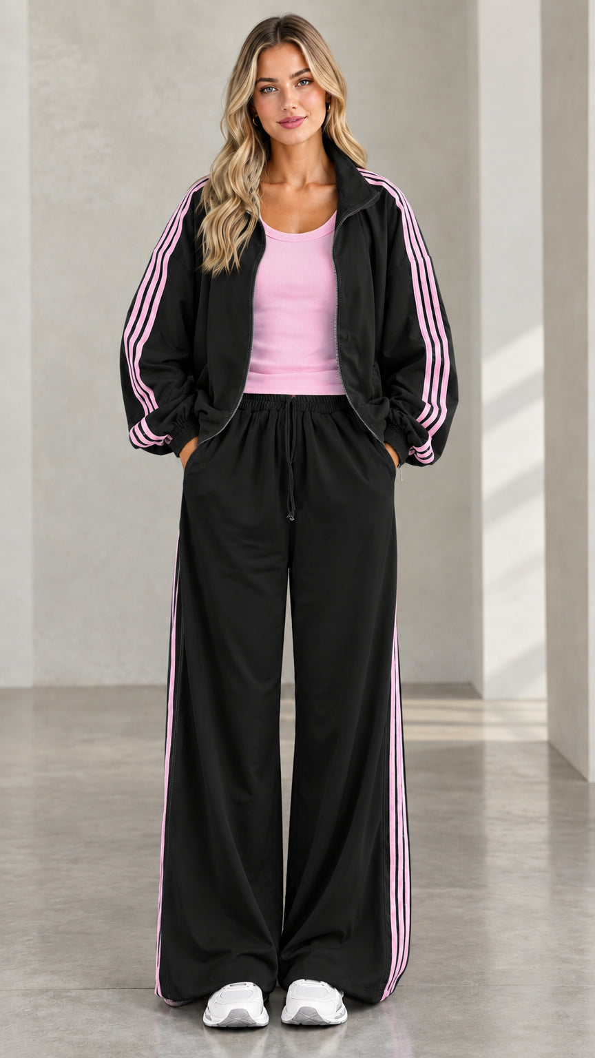 Front view of model wearing black tracksuit set with light pink side stripes