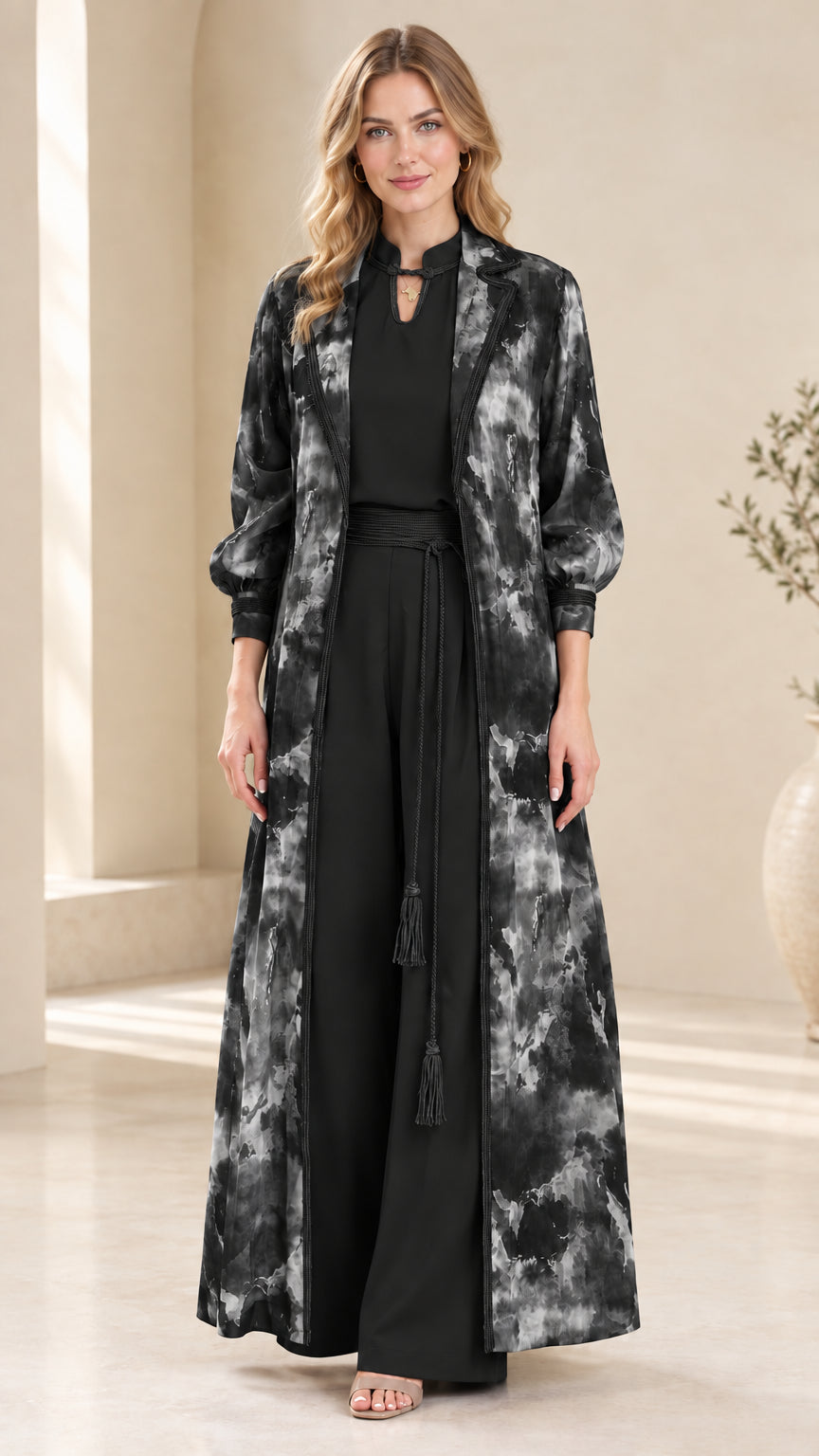 Front view of black watercolor printed duster and matching black pants set