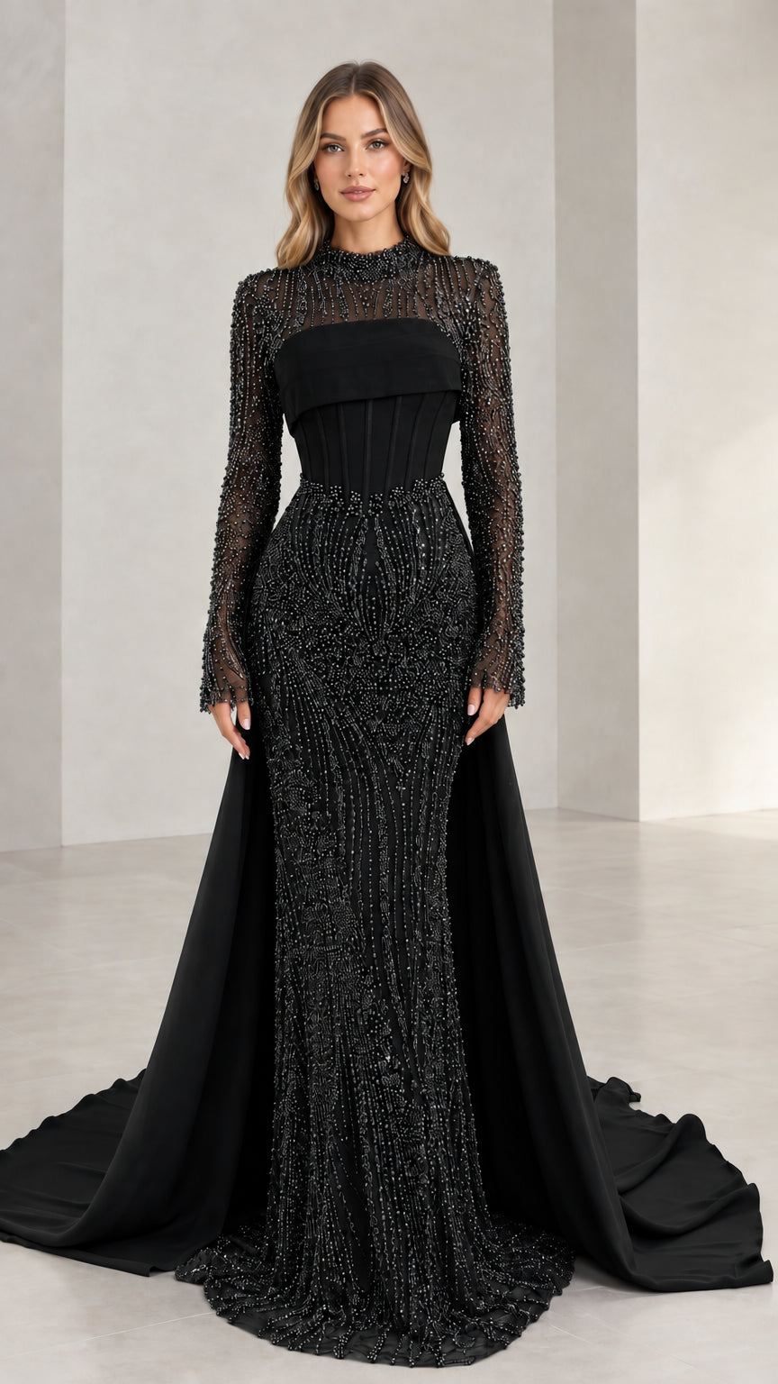 Full-length front view of black beaded long sleeve evening dress with corset bodice and train