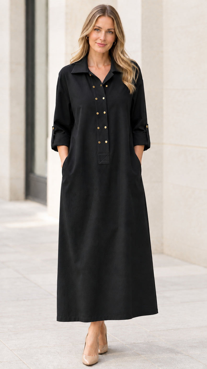 Full front view of women's black collared button-front maxi shirt dress