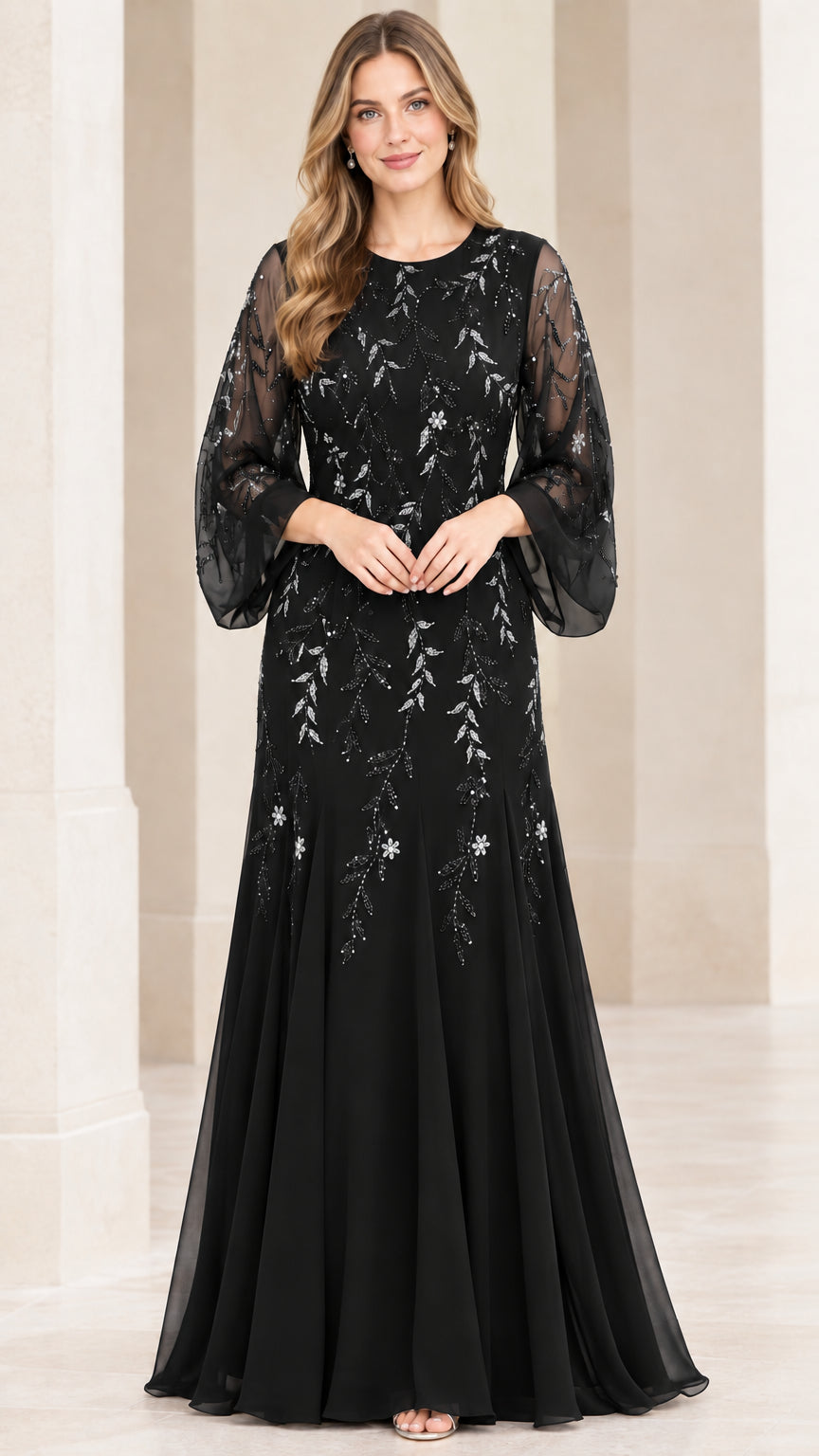 Front view of black sequined evening gown with sheer bell sleeves and maxi hem