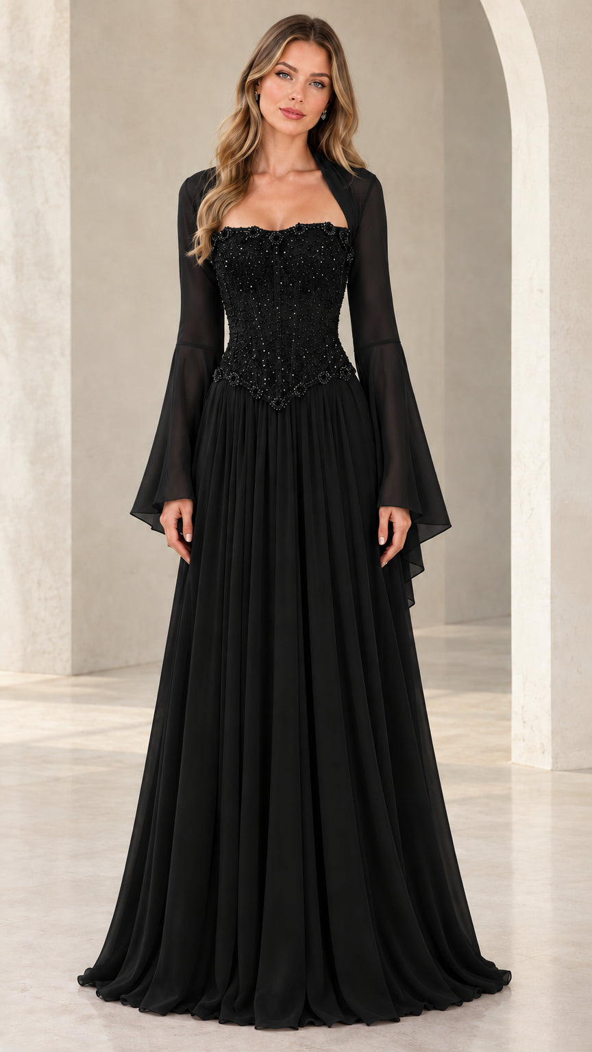 Black corset beaded bell sleeve maxi evening dress