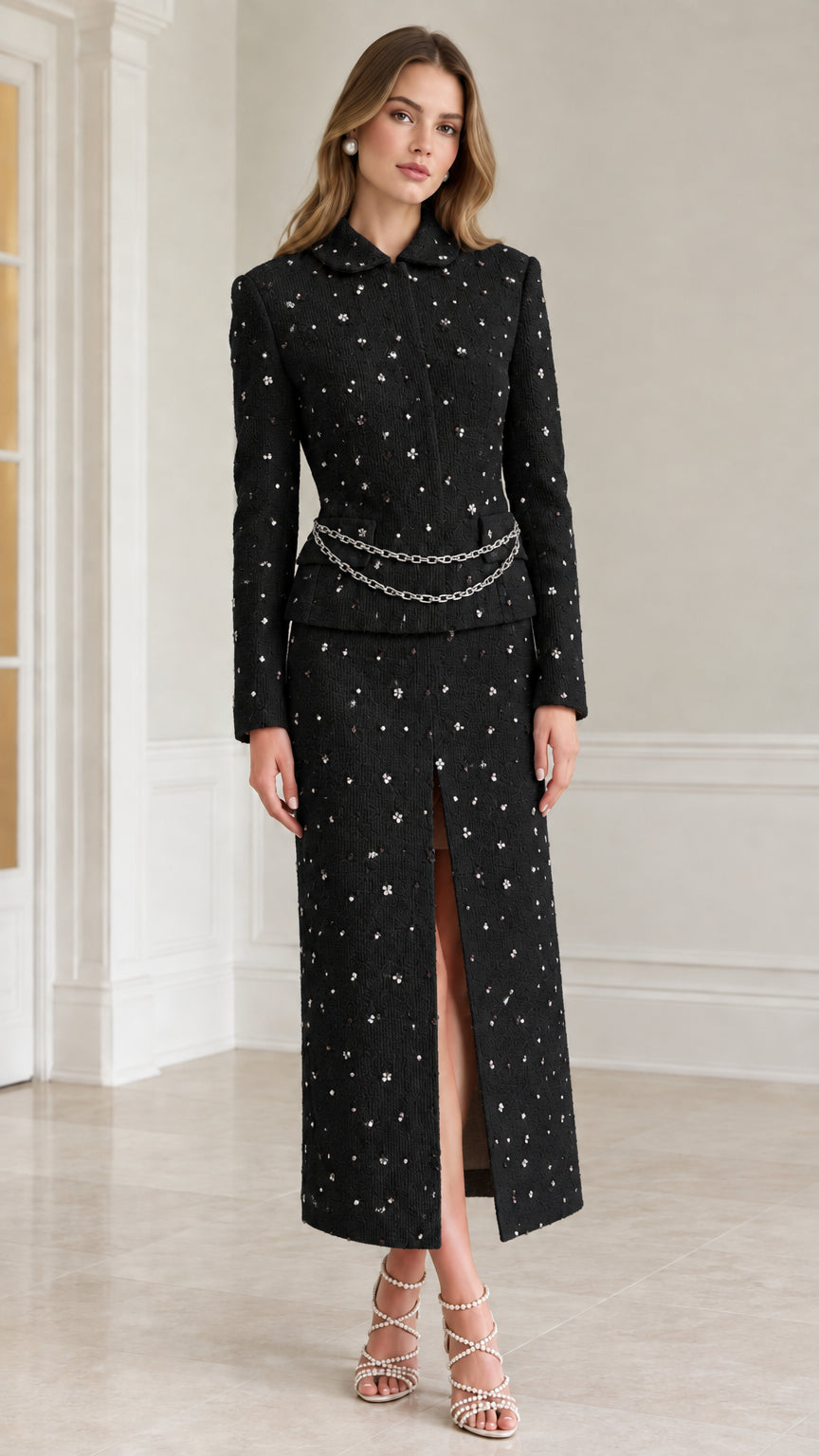 Black embellished tweed jacket and front-slit maxi skirt two-piece suit