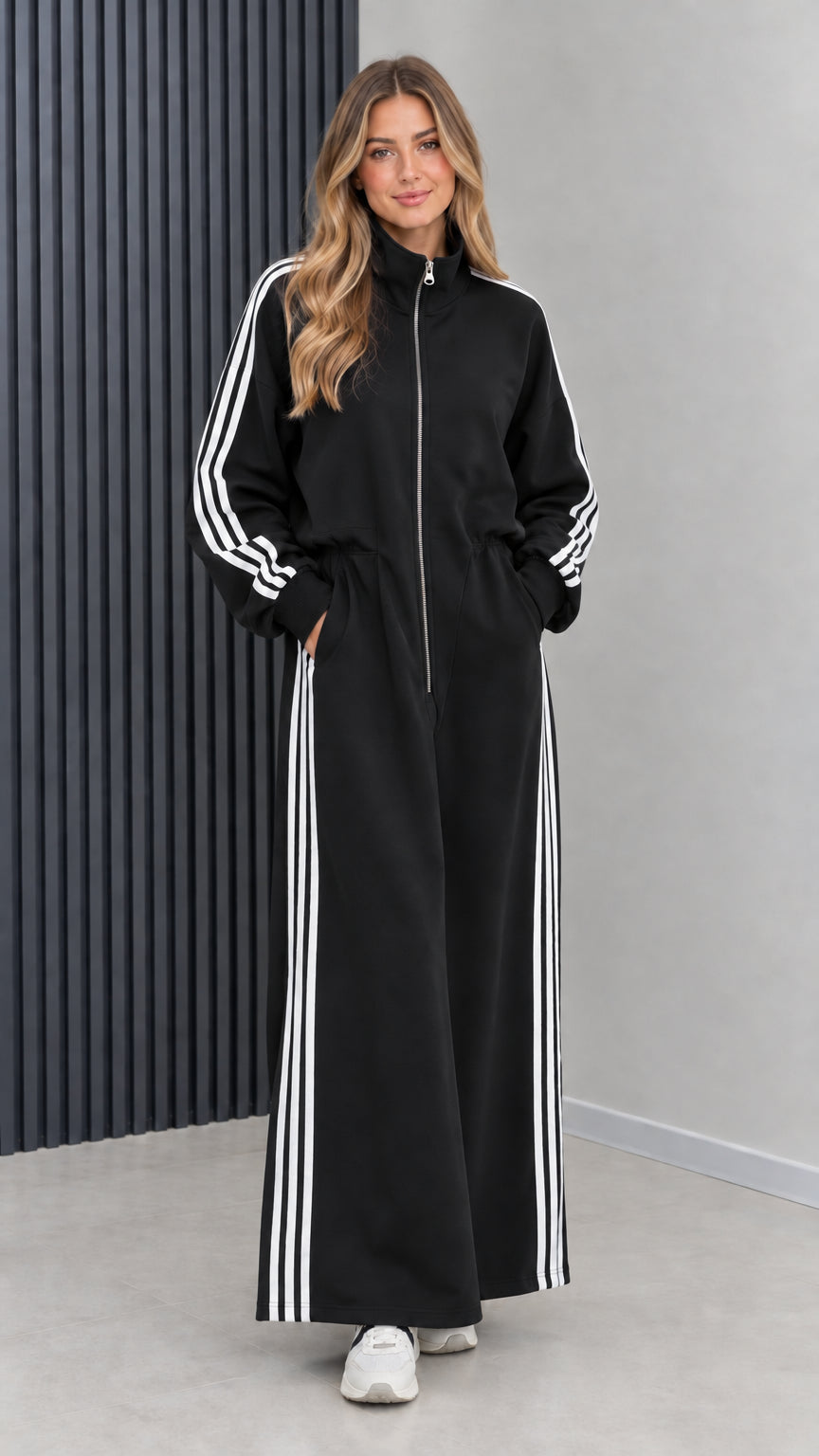 Front view of model wearing black long sleeve zip front athletic maxi dress with white stripes