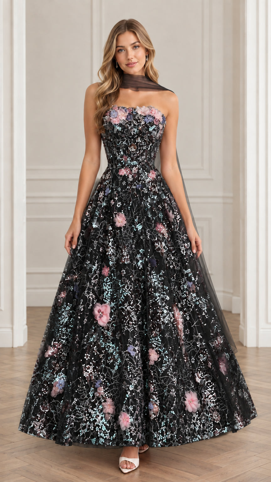 Full-length view of model wearing Black sequin A-line gown with colorful floral appliqués