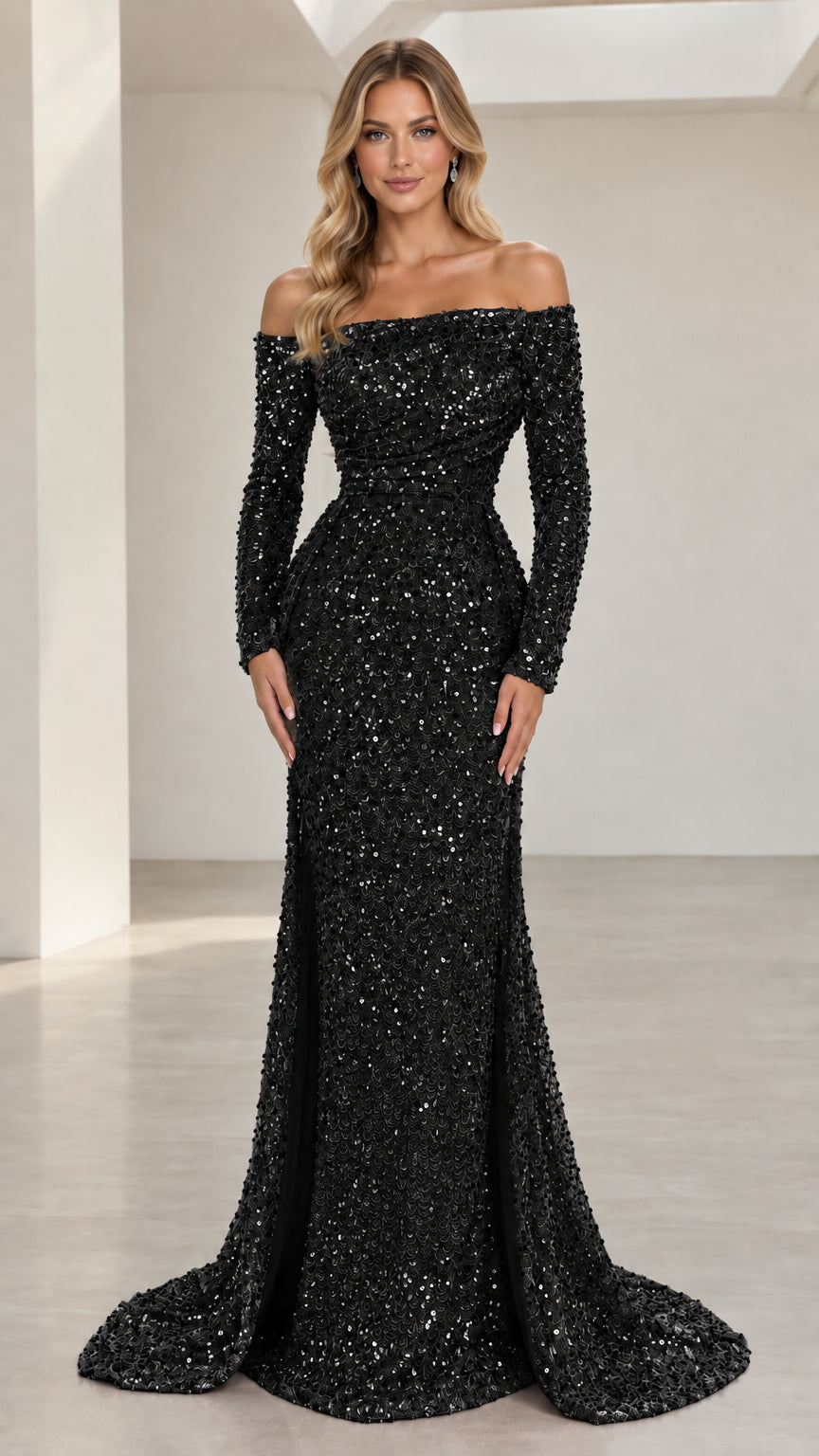 Front view of black off-the-shoulder long sleeve sequin mermaid evening gown