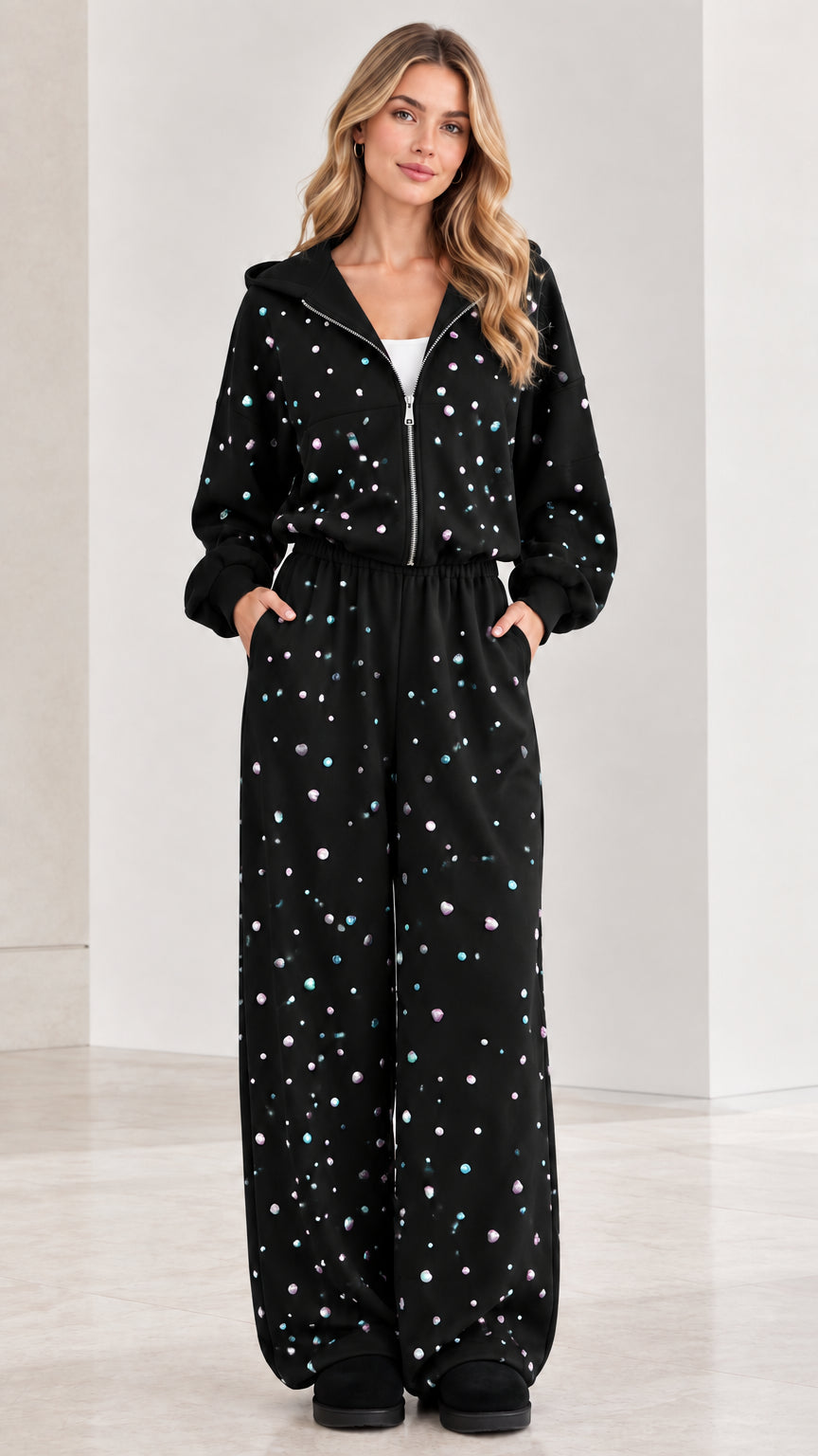 Front view of black rhinestone zip-up hooded wide leg jumpsuit