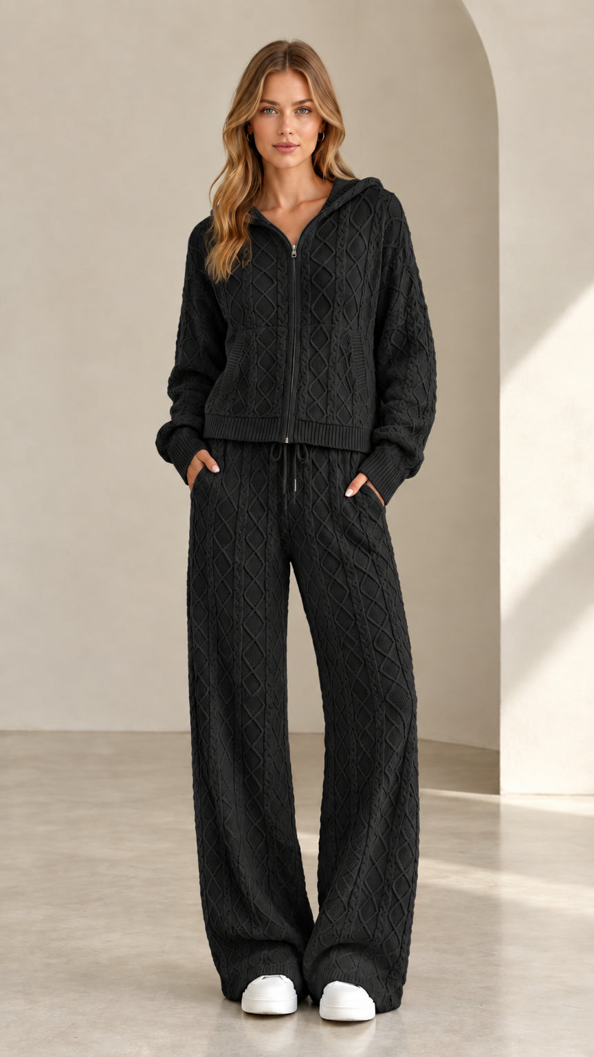 Women's black cable knit zip-up hoodie and wide leg pants set
