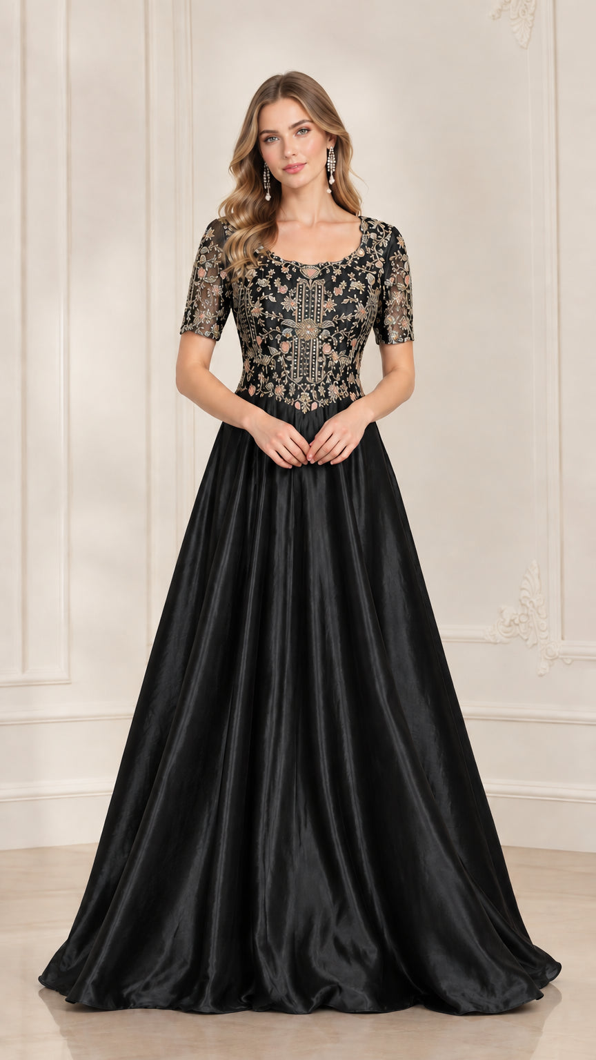 Front view of model wearing Black embroidered bodice A-line evening gown