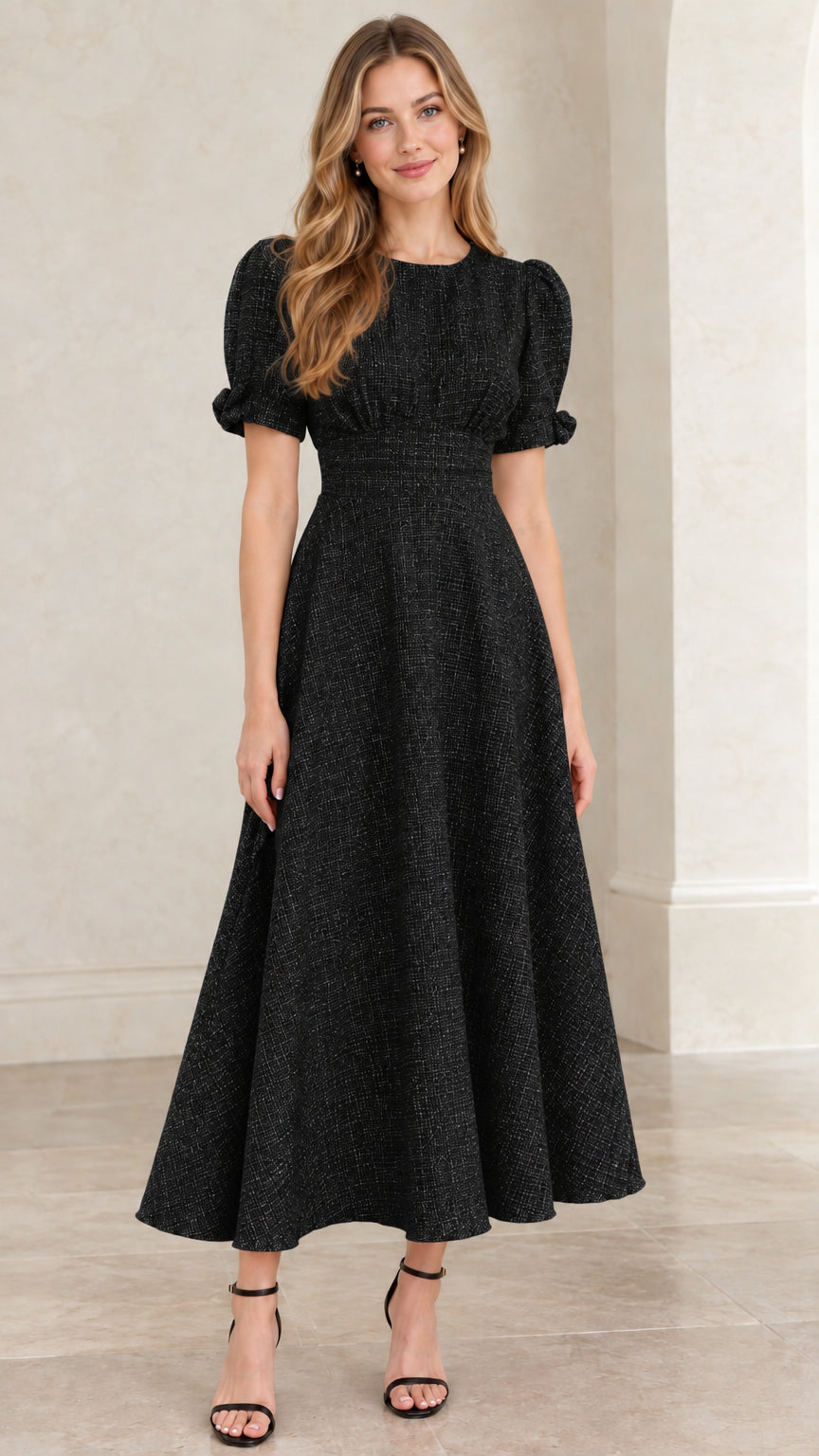 Model wearing black textured tweed puff sleeve A-line midi dress