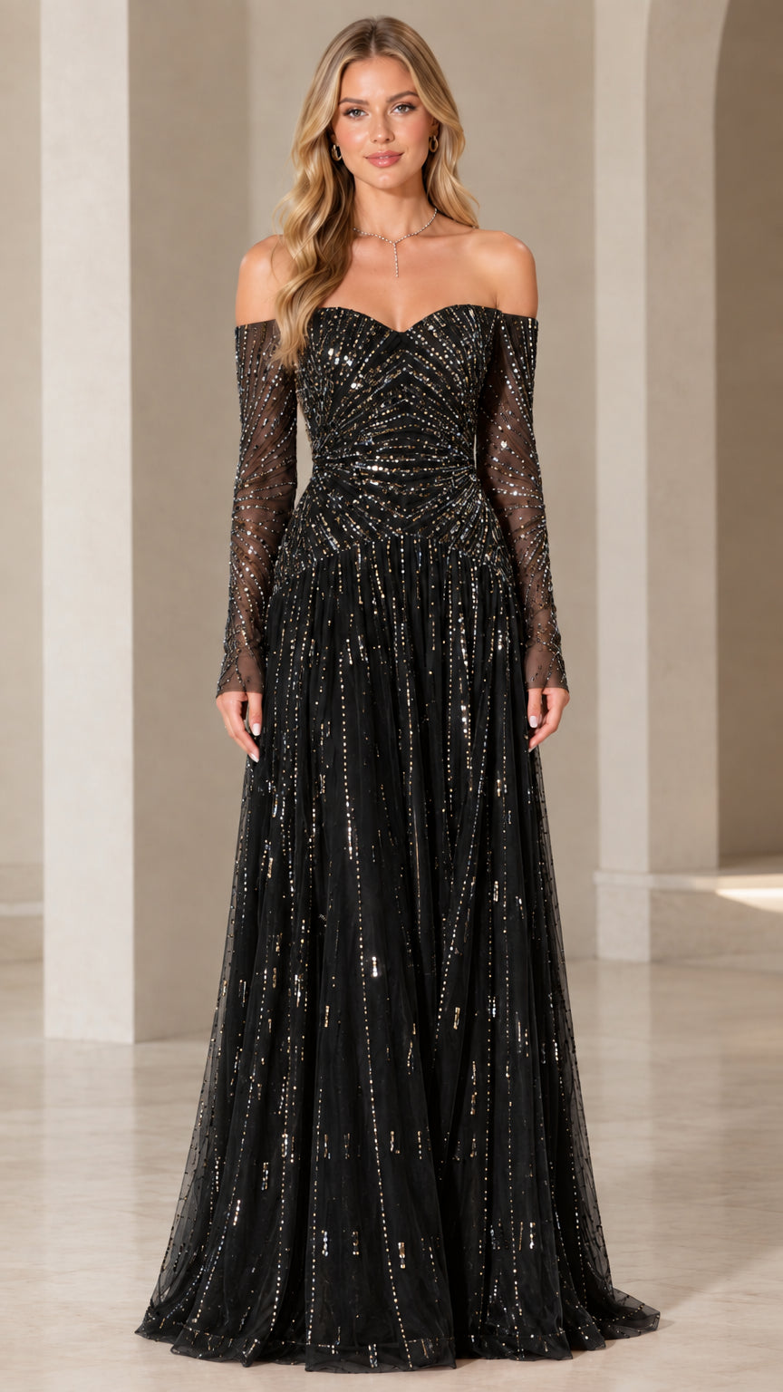 Front view of black off-the-shoulder sequin embellished evening gown