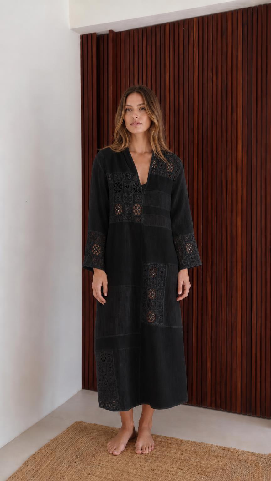 Model wearing black boho patchwork lace long sleeve maxi dress