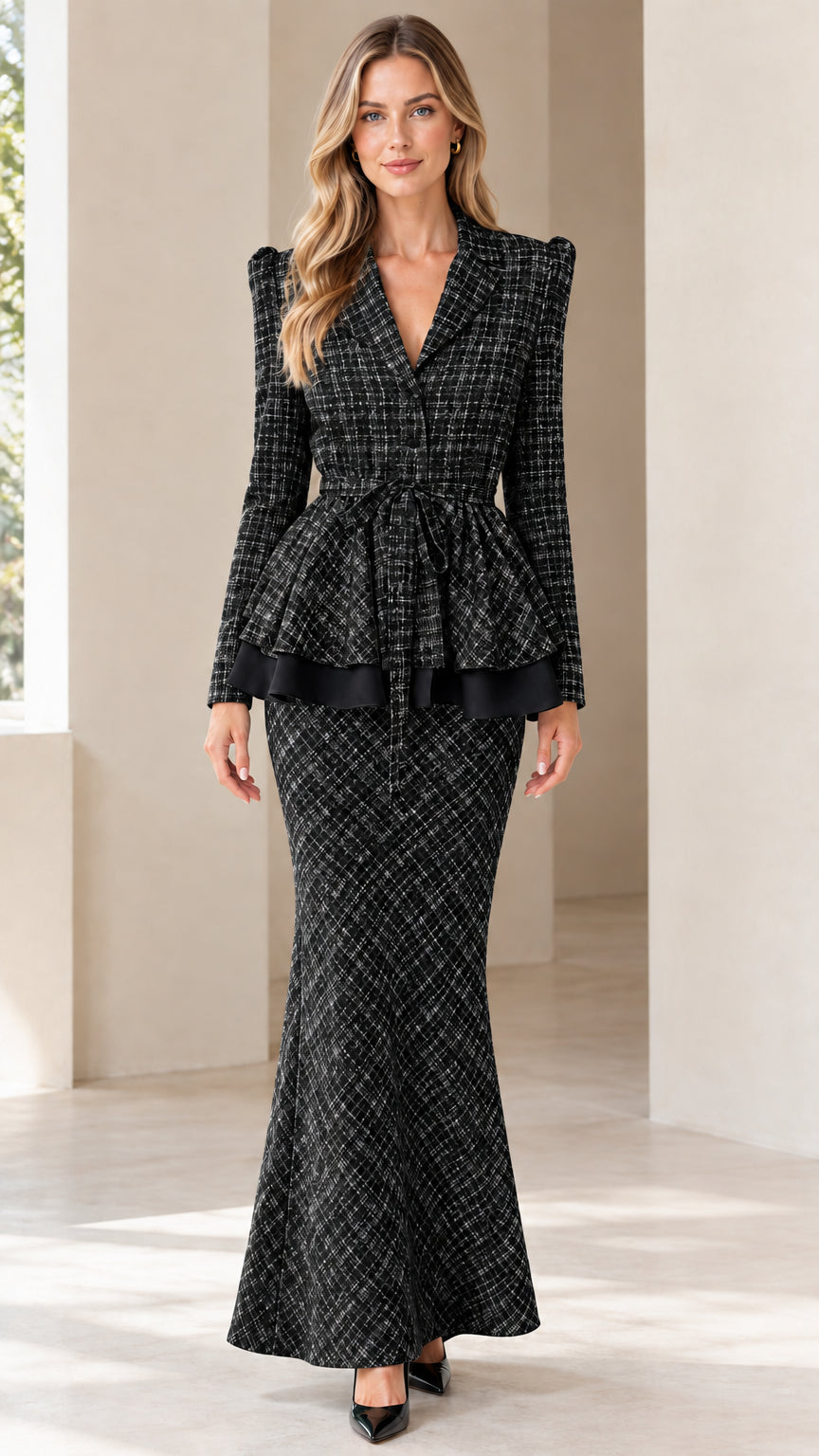 Front view of woman wearing black tweed peplum blazer and matching maxi skirt set