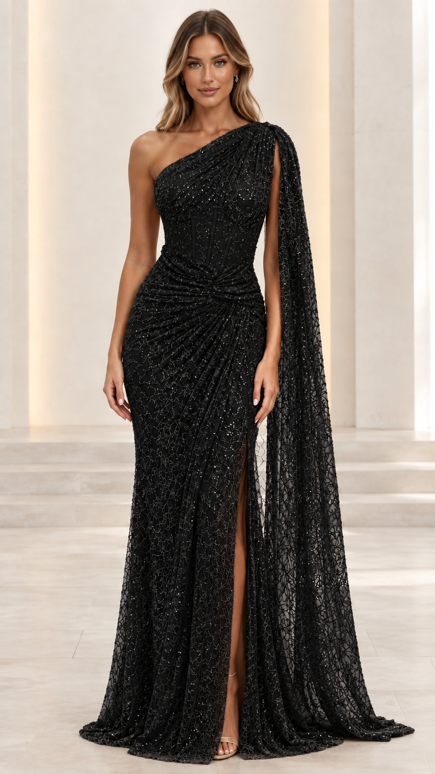Black one-shoulder cape evening gown with high leg slit