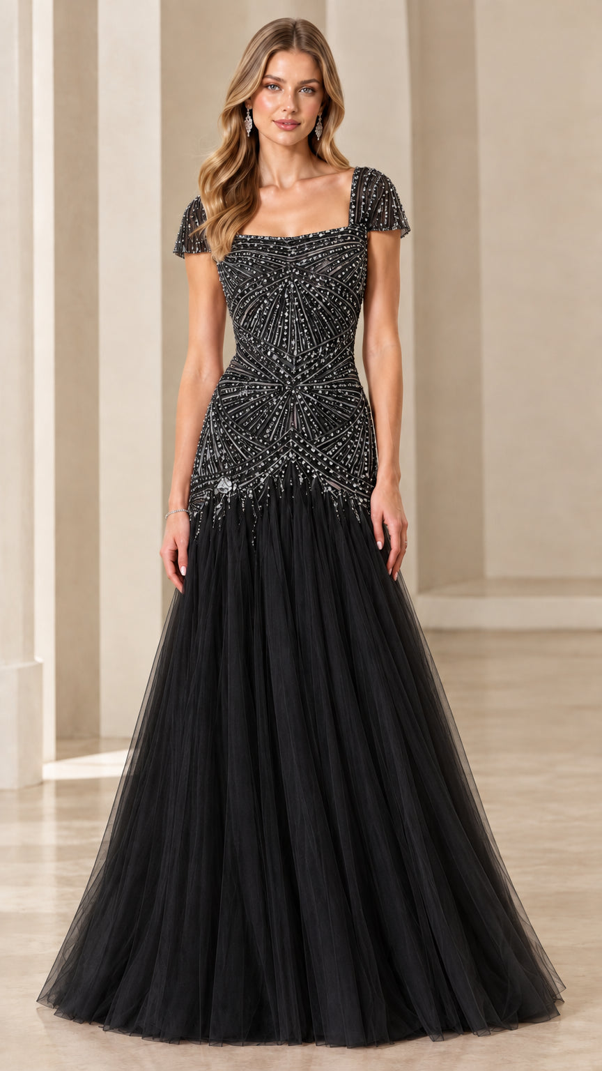 Black square neck beaded bodice floor length tulle evening gown