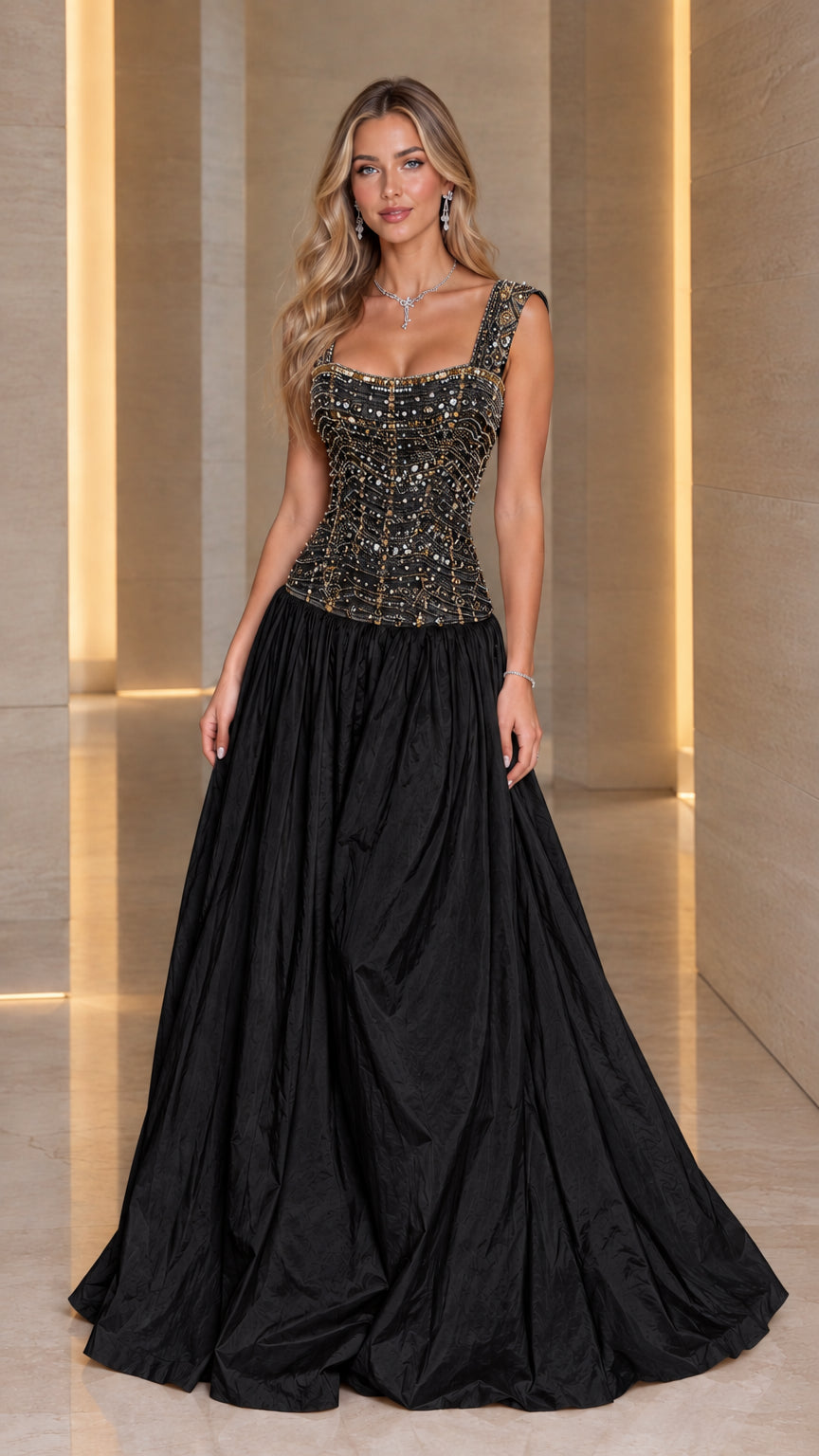 Model wearing Black beaded square neck A-line evening maxi gown