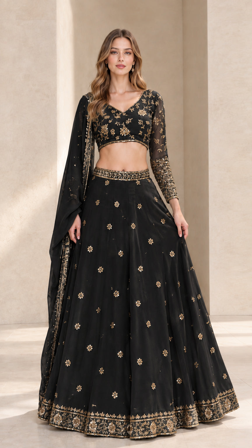 Front full view of black embroidered lehenga choli set with gold accents