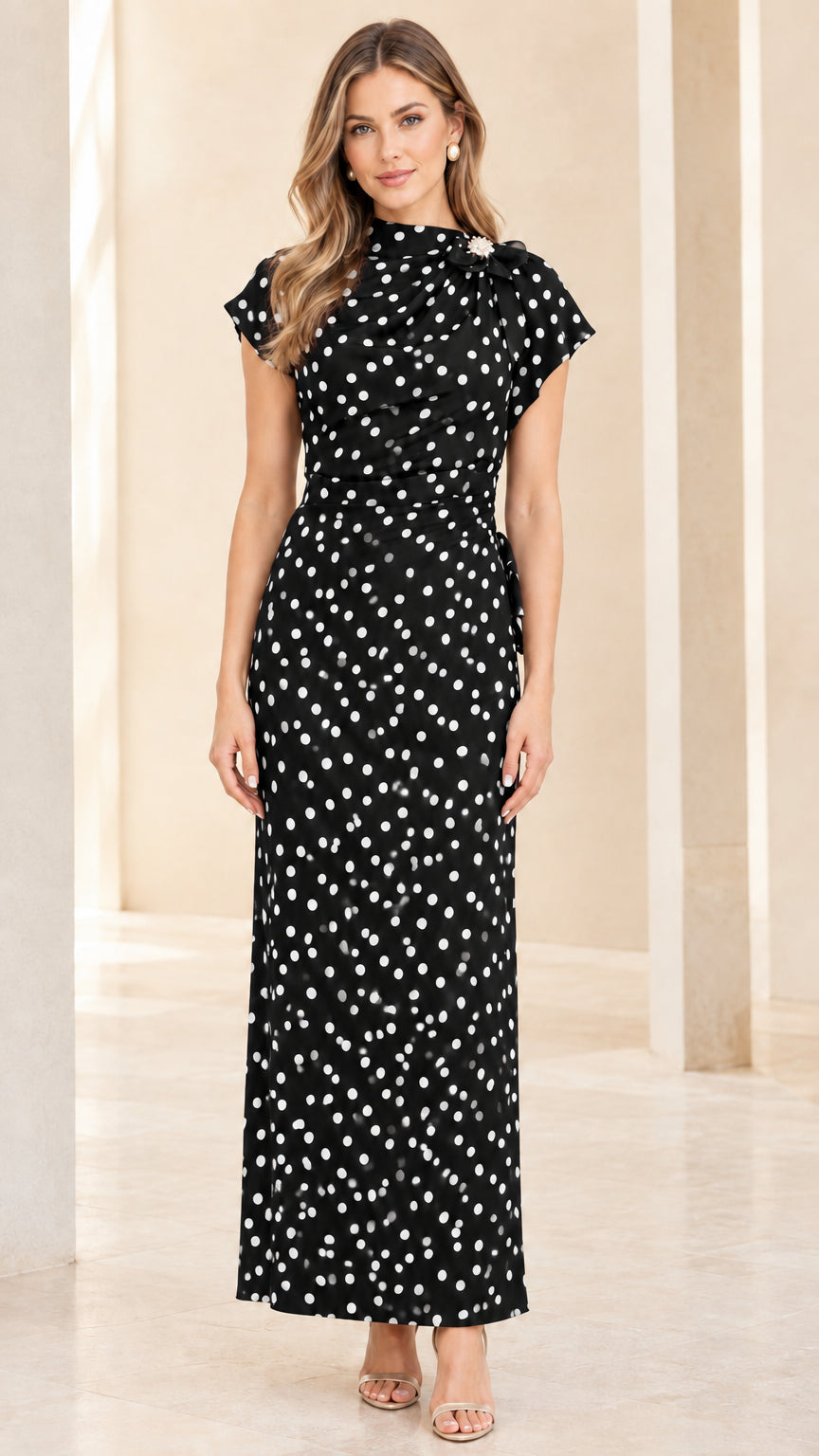 Model wearing Black polka dot high-neck maxi dress, front view