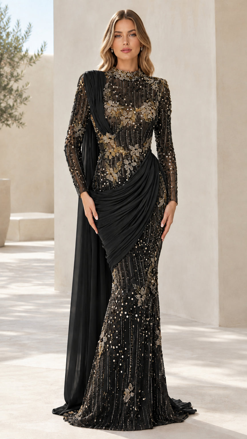 Full front view of black sequined long sleeve formal evening gown