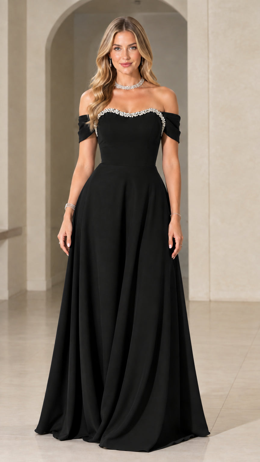Black off-the-shoulder evening gown with sparkling crystal trim