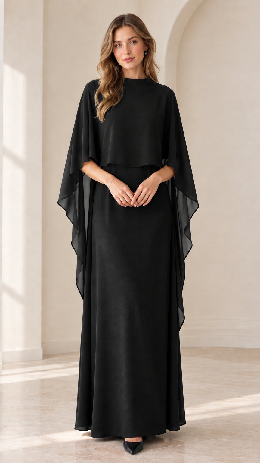 Black capelet chiffon maxi evening dress front view