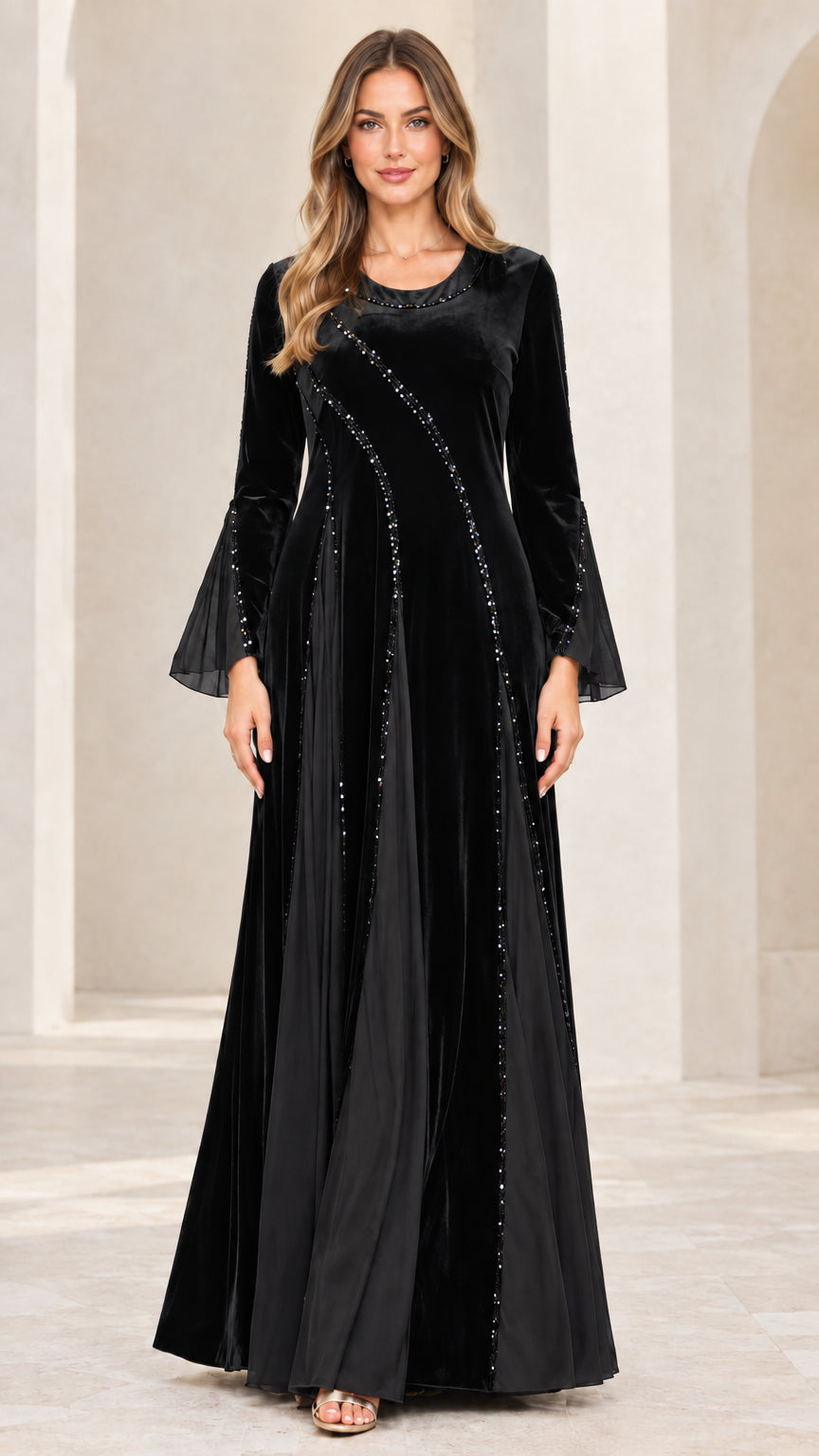 Black velvet embellished bell sleeve maxi dress