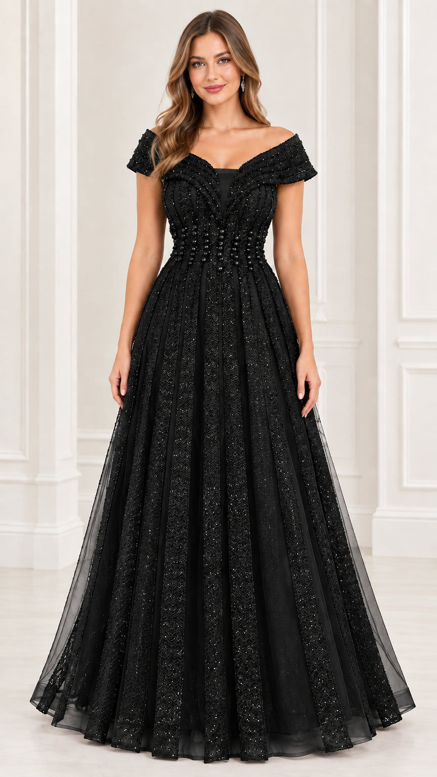 Black off-the-shoulder beaded bodice glitter evening gown front view