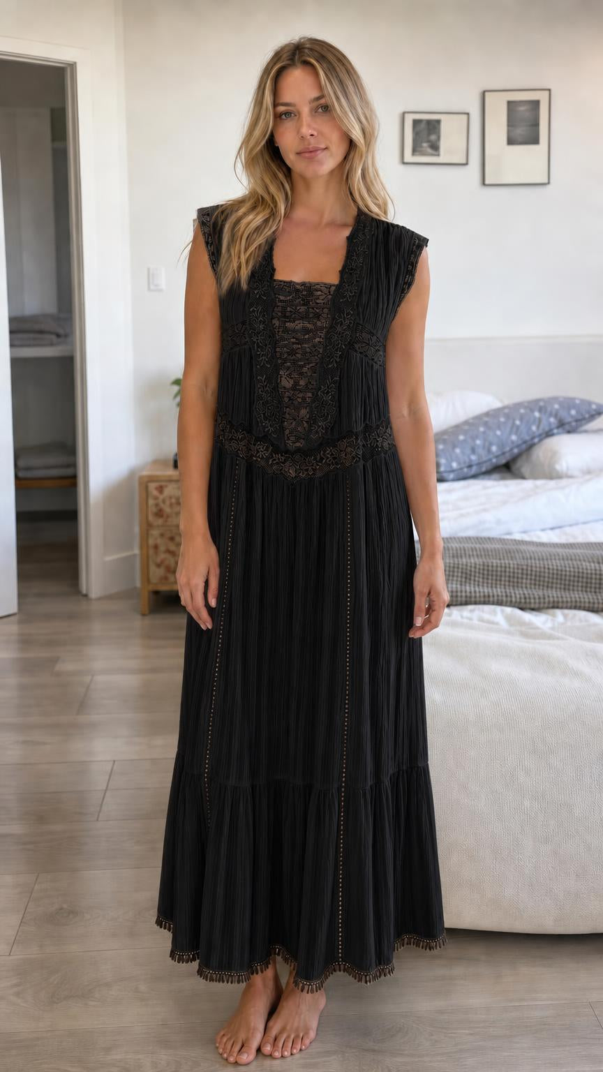 Front view of Black Bohemian Lace Trim Pleated Maxi Dress