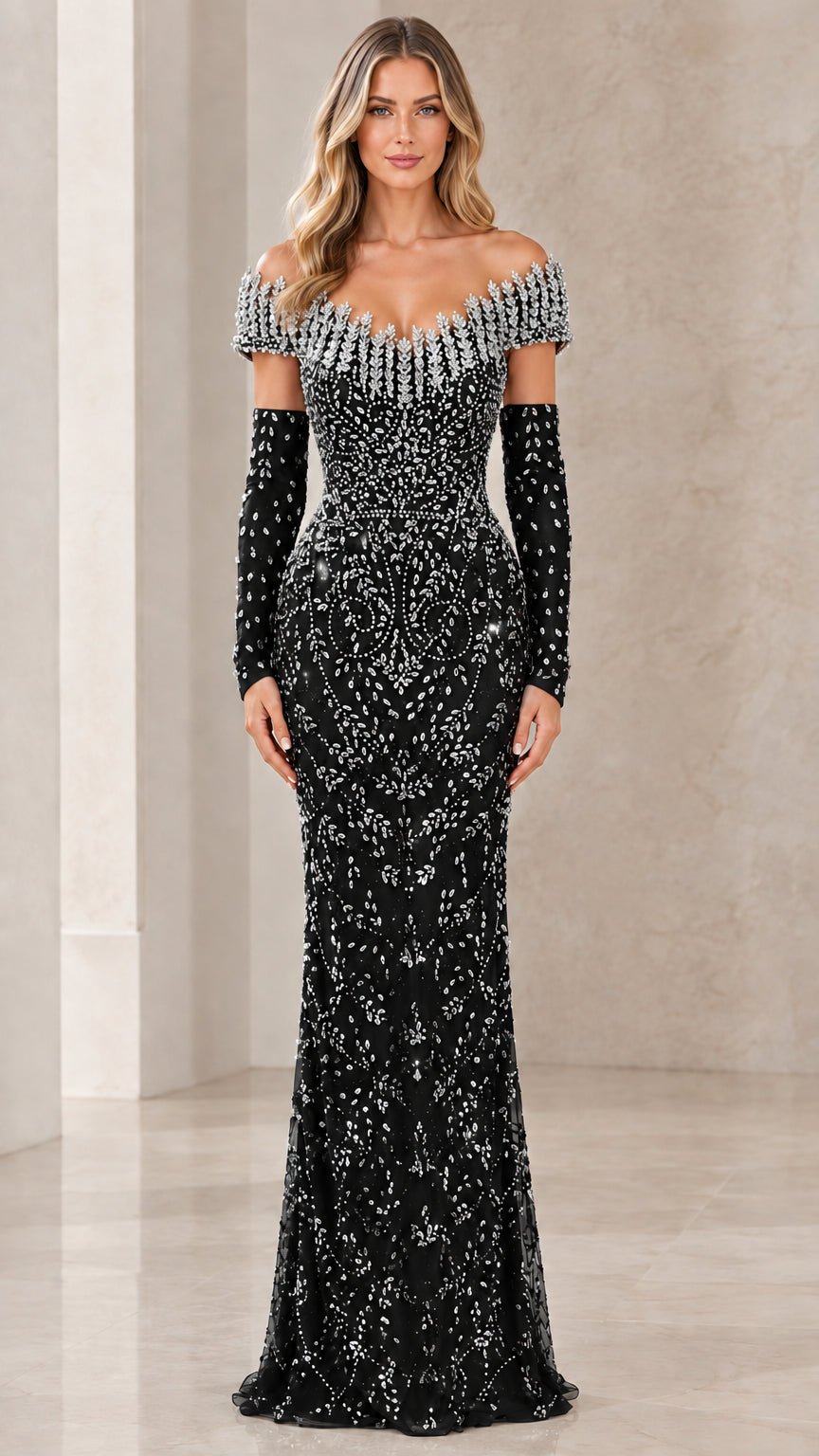 Black off-the-shoulder beaded evening gown with matching opera gloves