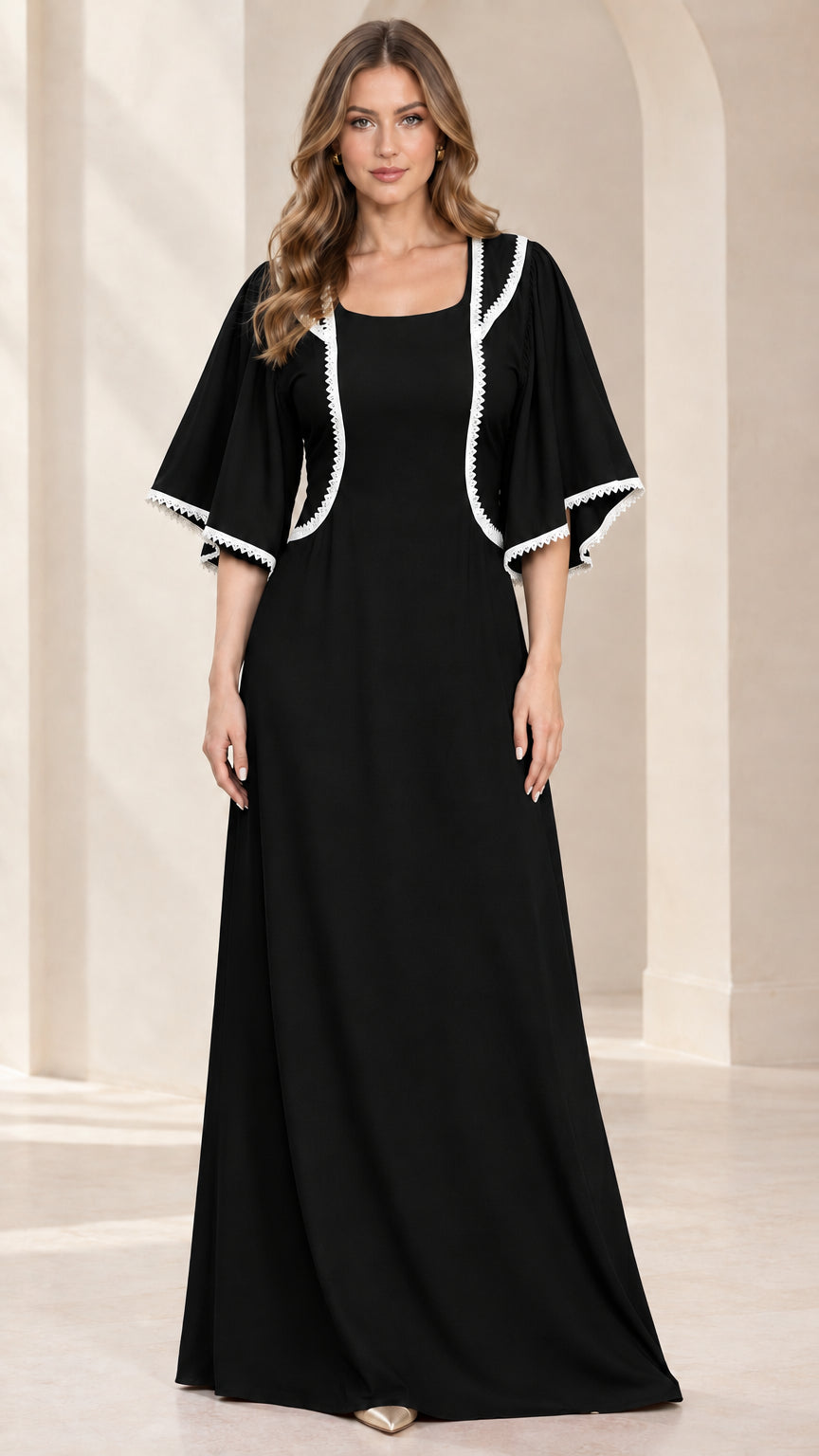 Front view of black flutter sleeve square neck maxi dress with white trim