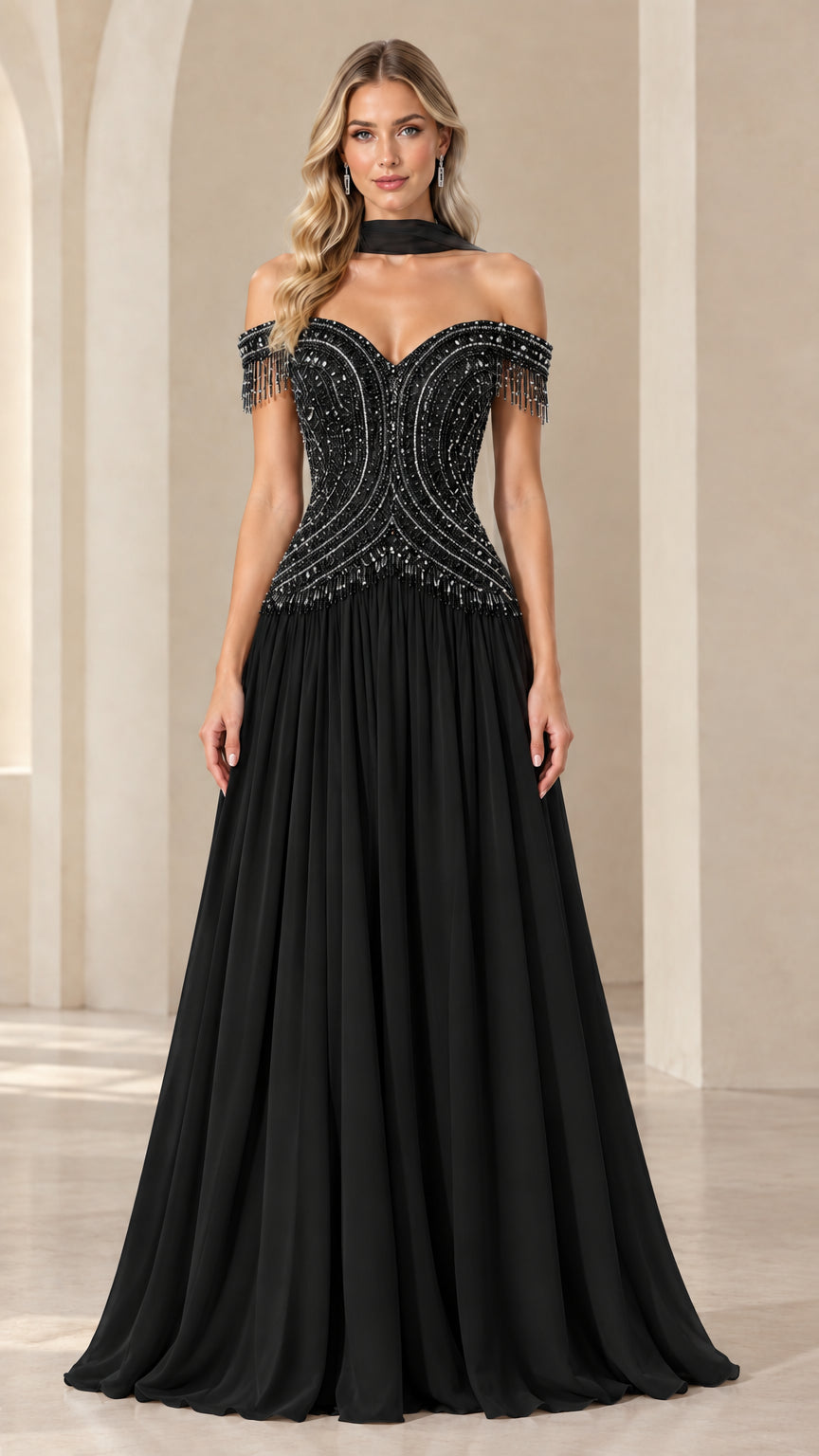 Black off-the-shoulder beaded corset formal dress with matching scarf