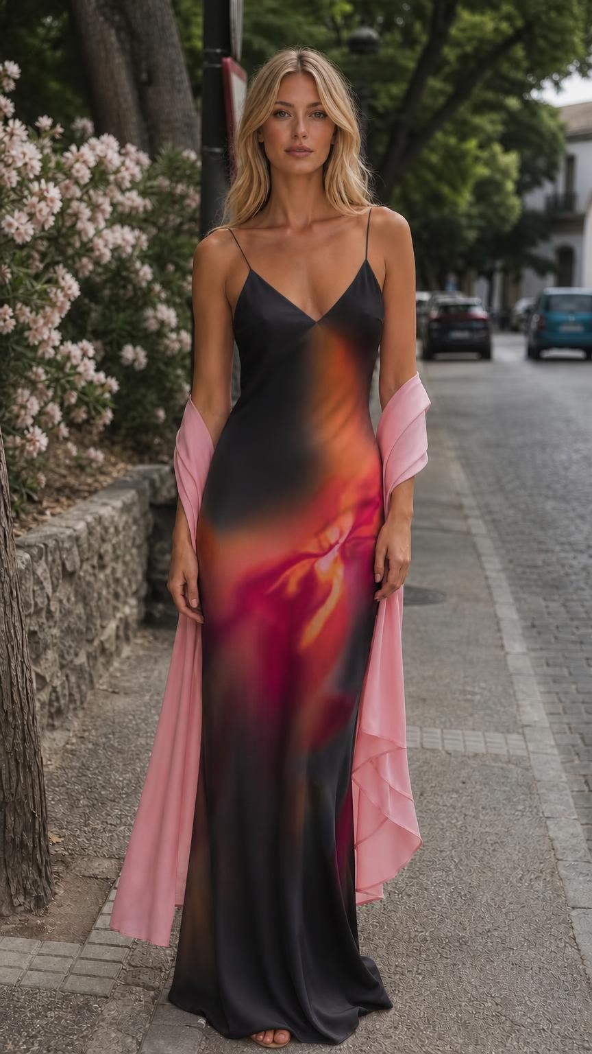 Front view of black ombre maxi slip dress with pink shawl