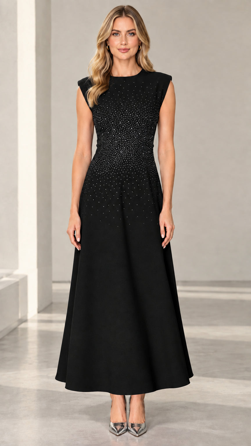 Black rhinestone embellished cap sleeve A-line maxi gown front view