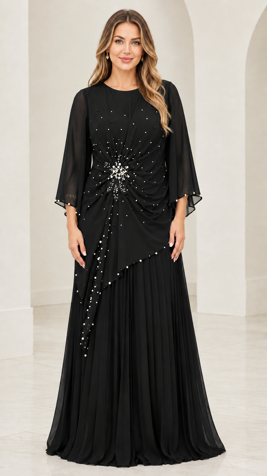 Front view of black beaded chiffon pleated maxi dress with 3/4 flutter sleeves