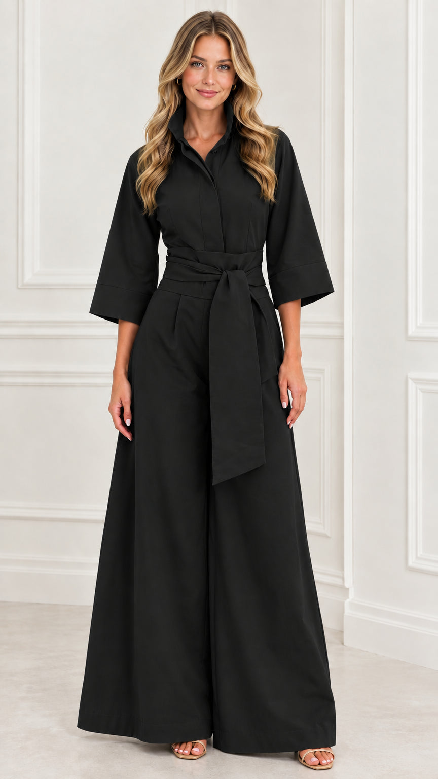 Front view of woman wearing a black collared wide-leg jumpsuit with belt