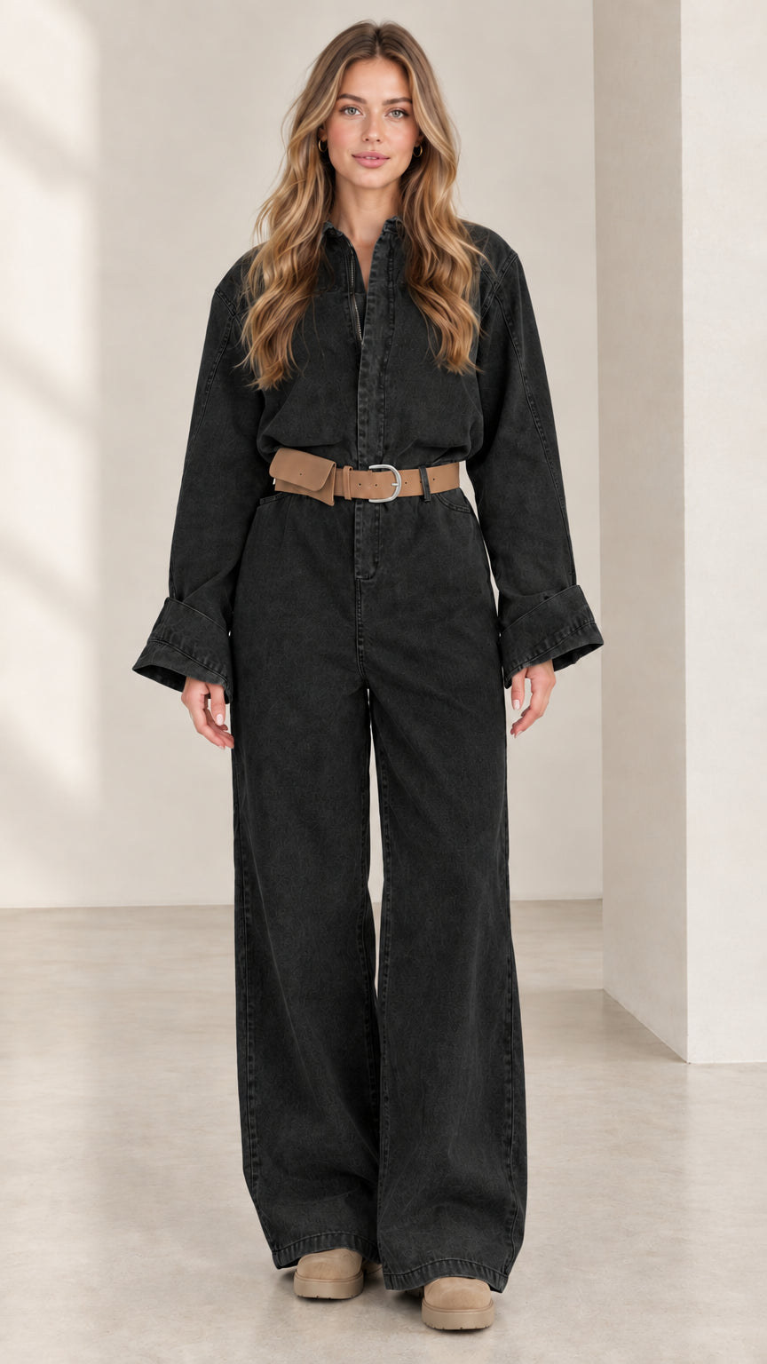 Front view of women's washed black long sleeve wide leg utility jumpsuit