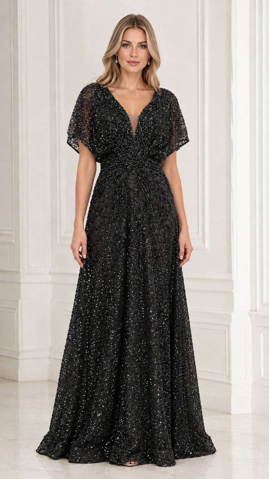 Model wearing black sparkling beaded flutter sleeve formal gown