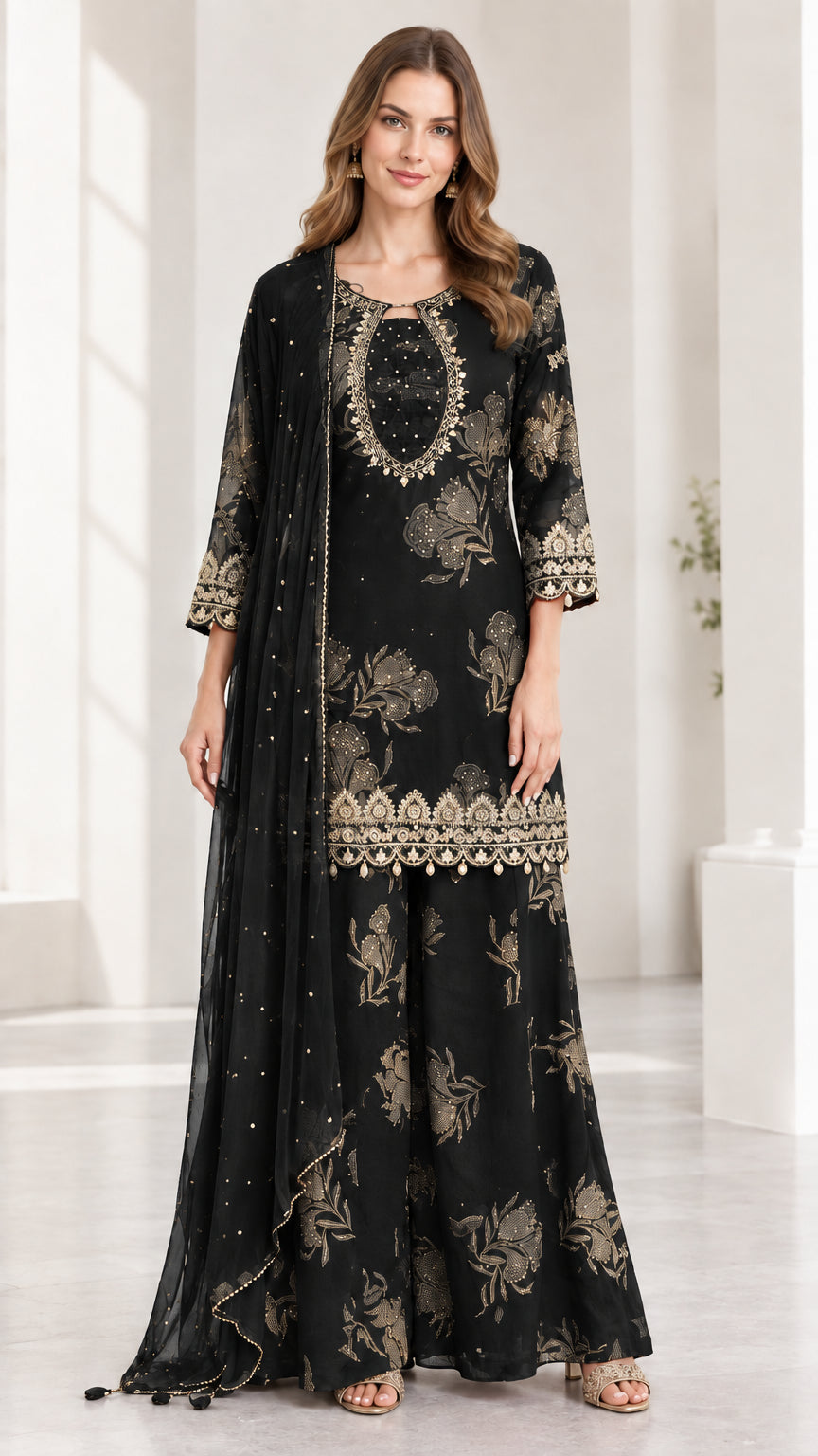 Woman wearing black embroidered 3-piece kurta sharara suit set