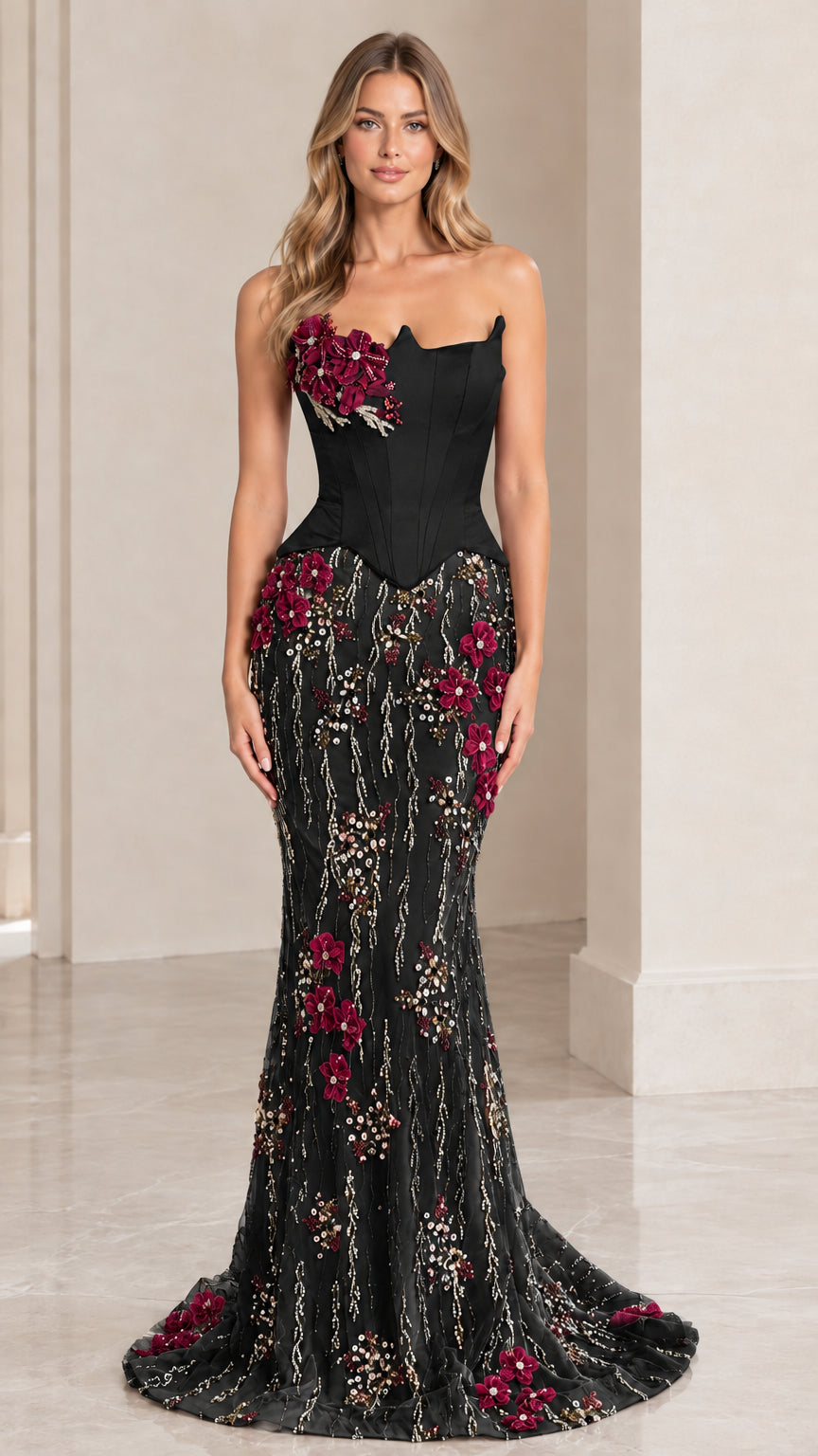 Woman wearing black strapless corset mermaid evening gown with floral embellishments