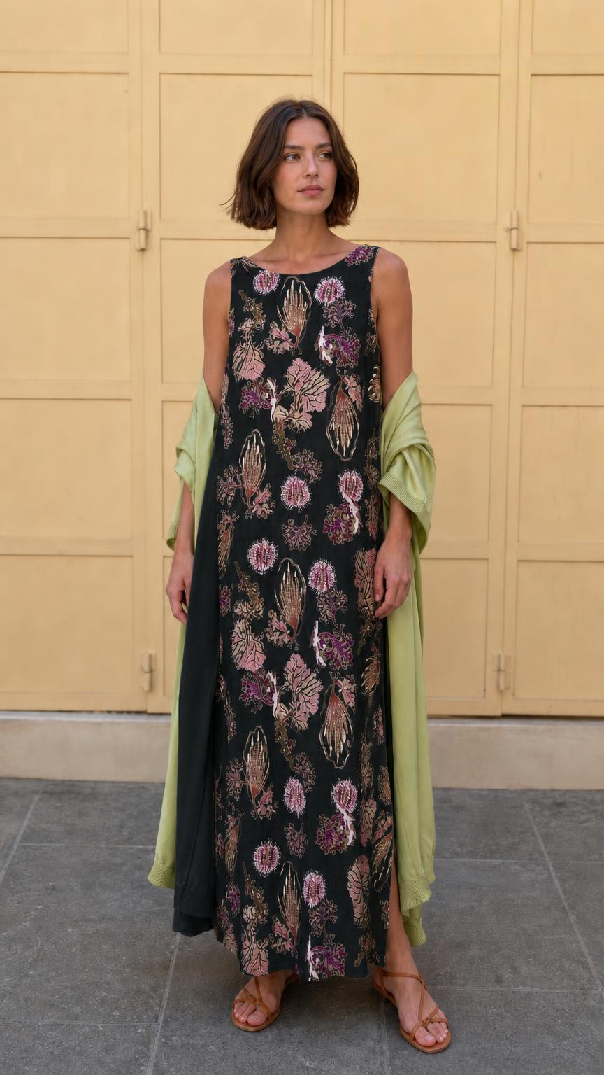 Model wearing black floral print sleeveless maxi dress with matching wrap