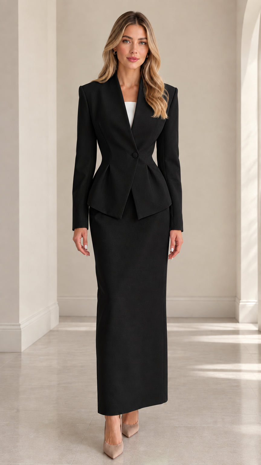 Model wearing black peplum blazer and matching column maxi skirt set