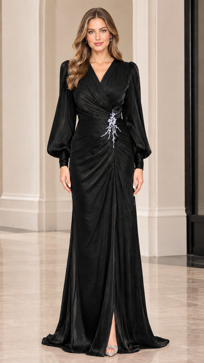 Front view of black long sleeve ruched satin evening gown with crystal accent