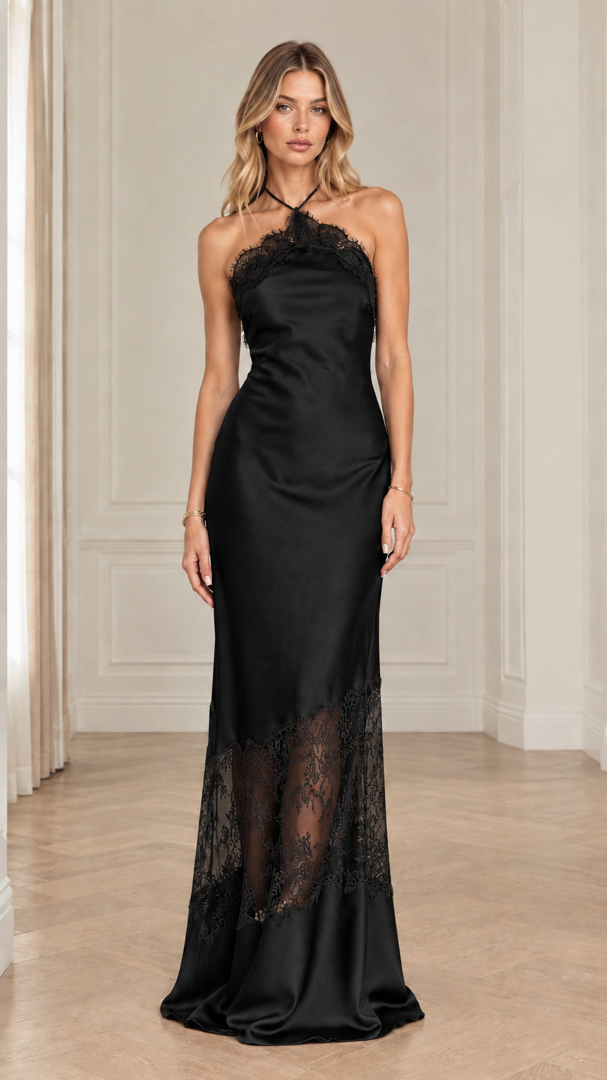 Black Halter Neck Backless Satin Maxi Dress with Sheer Lace Trim