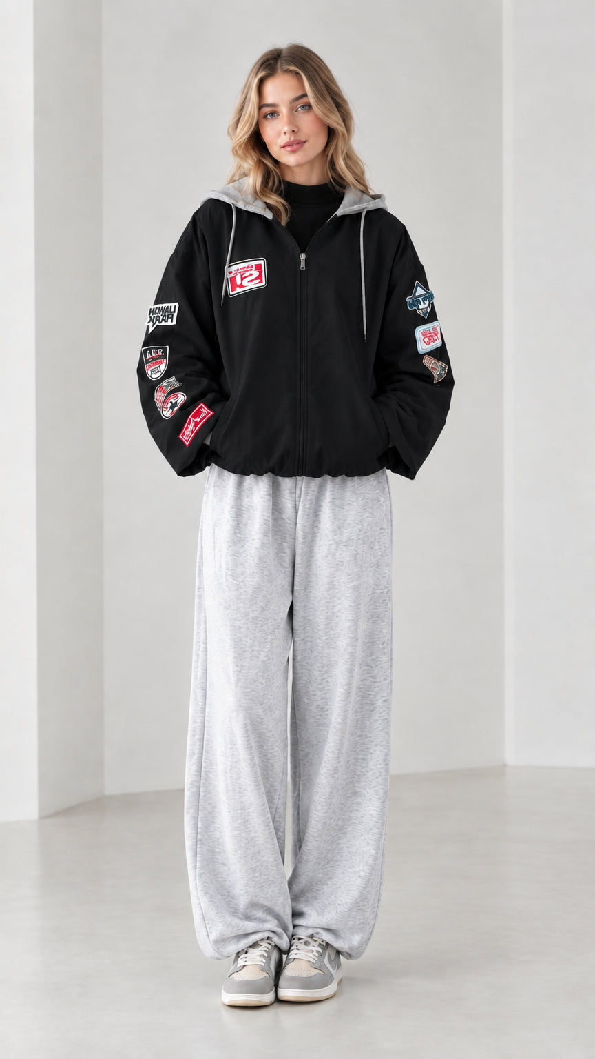 Front full view of black zip-up hooded bomber jacket with sleeve patches