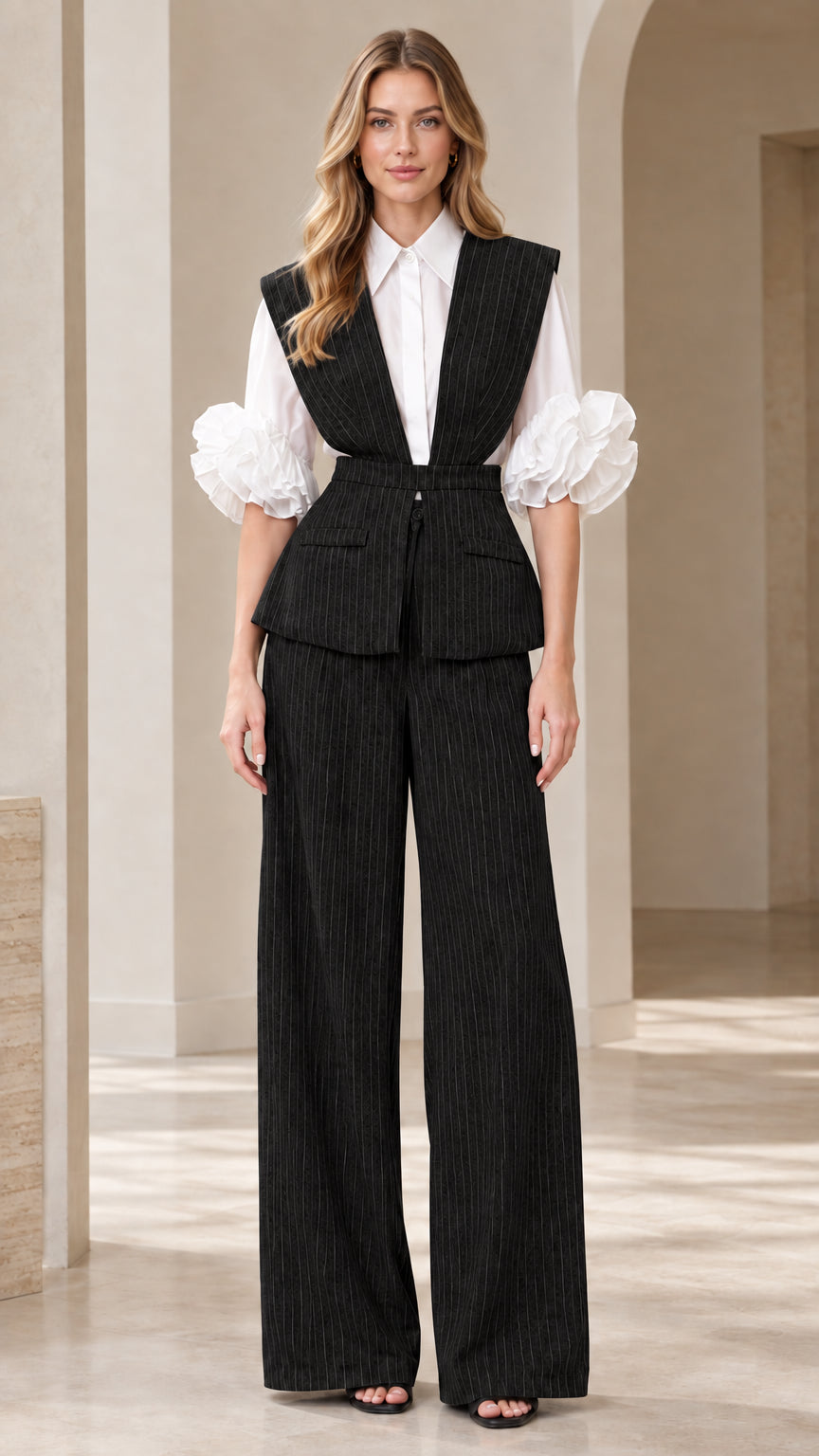 Women's black pinstripe vest and wide-leg trouser set