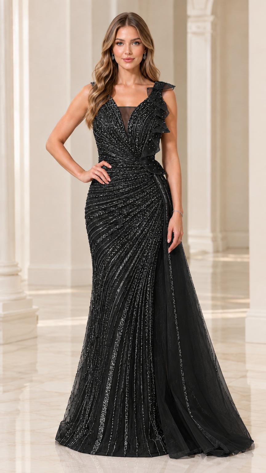 Black beaded mermaid evening dress with asymmetrical shoulder ruffle and side train