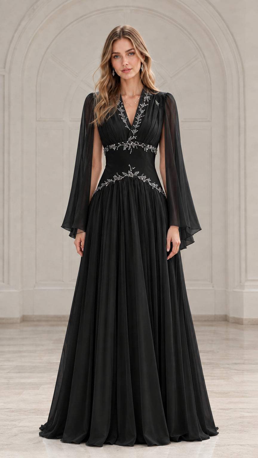 Front view of model wearing a black beaded cape-sleeve chiffon formal evening gown