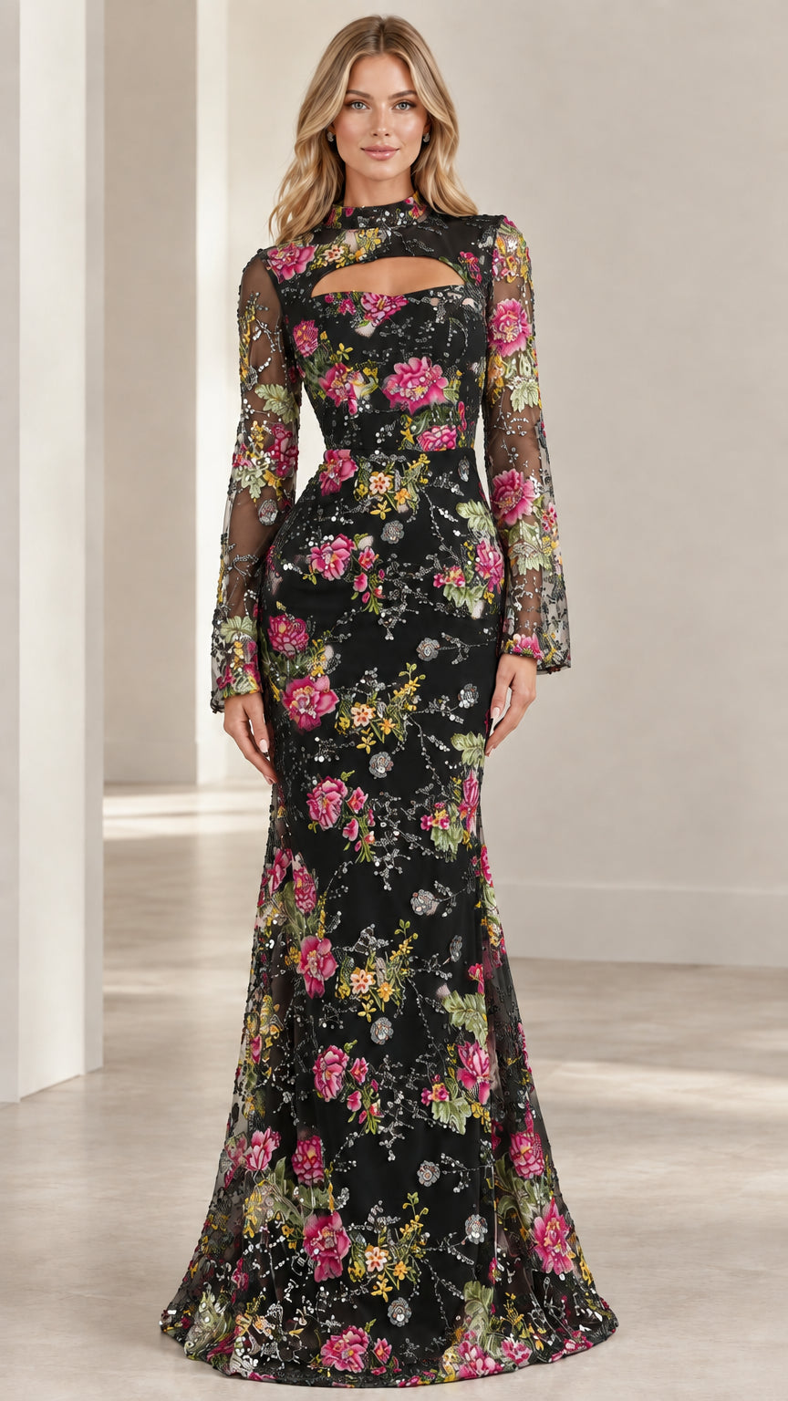 Front view of Black floral embroidered long sleeve mermaid evening dress