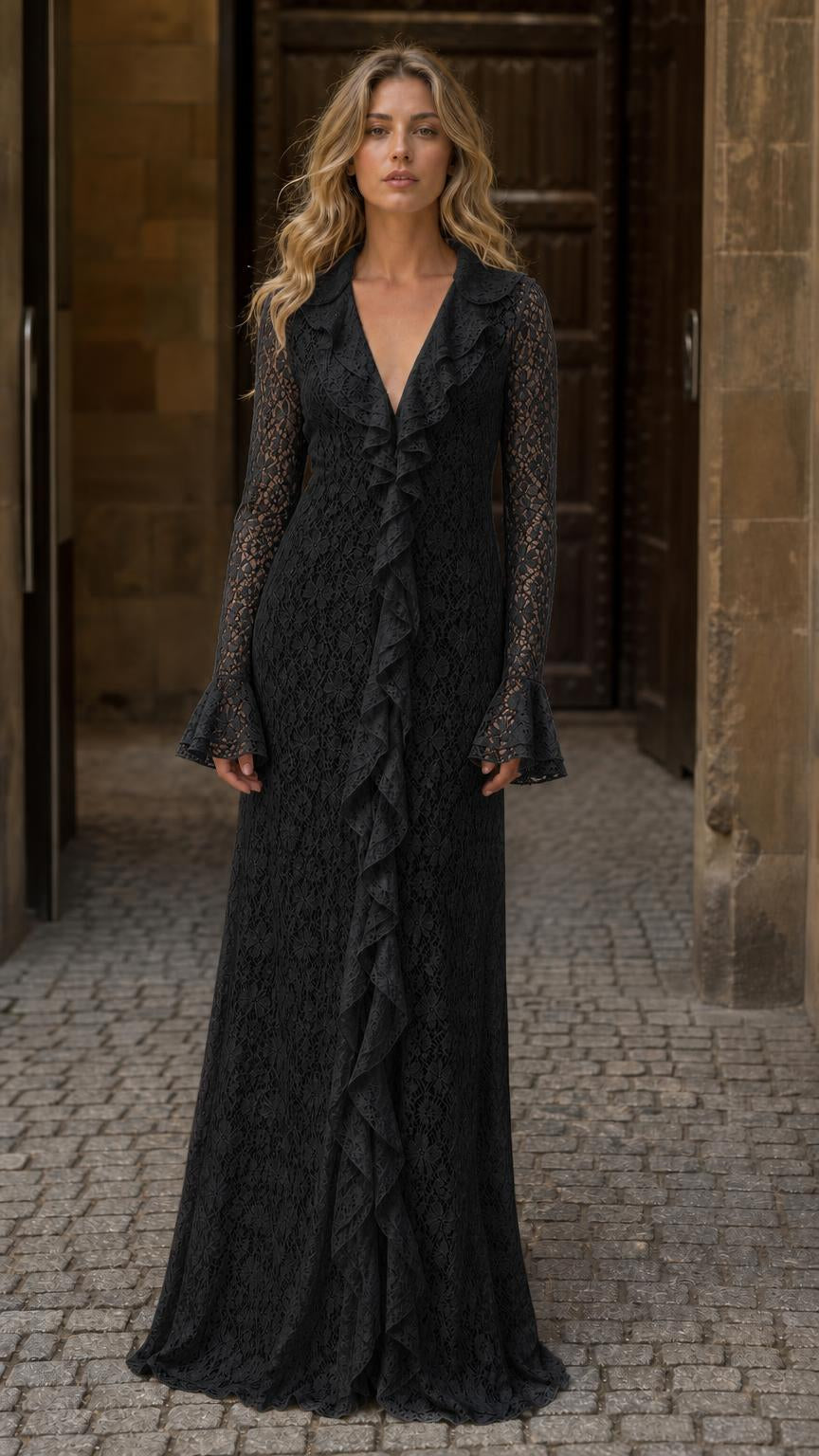 Front full view of woman wearing black lace maxi dress